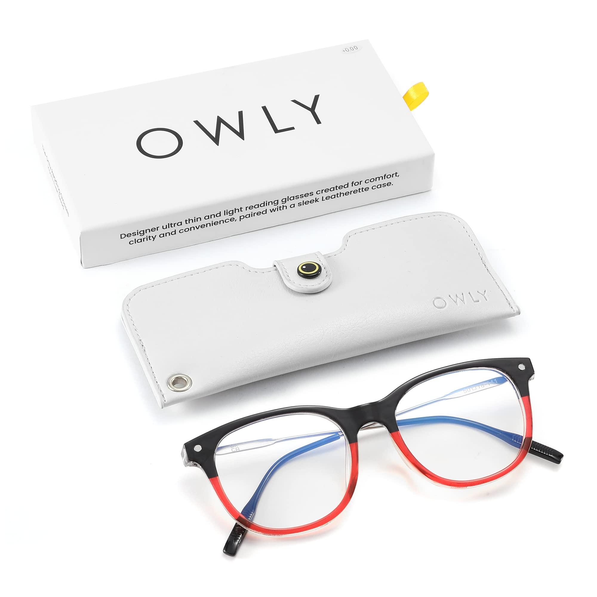 Owly Owly Reading Glasses Ultra Thin Blue Light Blocking Pocket Readers (Red, 3, diopters)