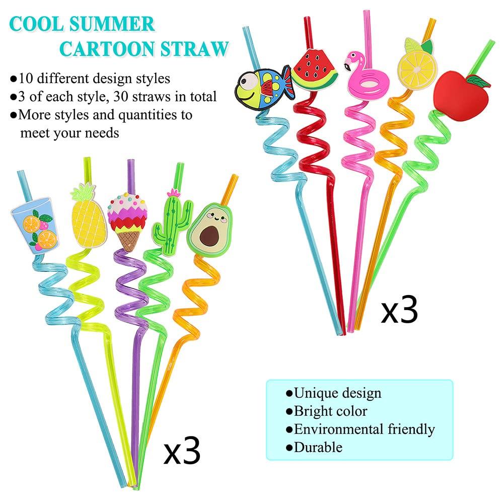 AHYS Crazy Straws 30 Pcs Colorful Plastic Silly Straws with Cartoon Decoration for Kids Birthday Party Supplies - 10 Styles