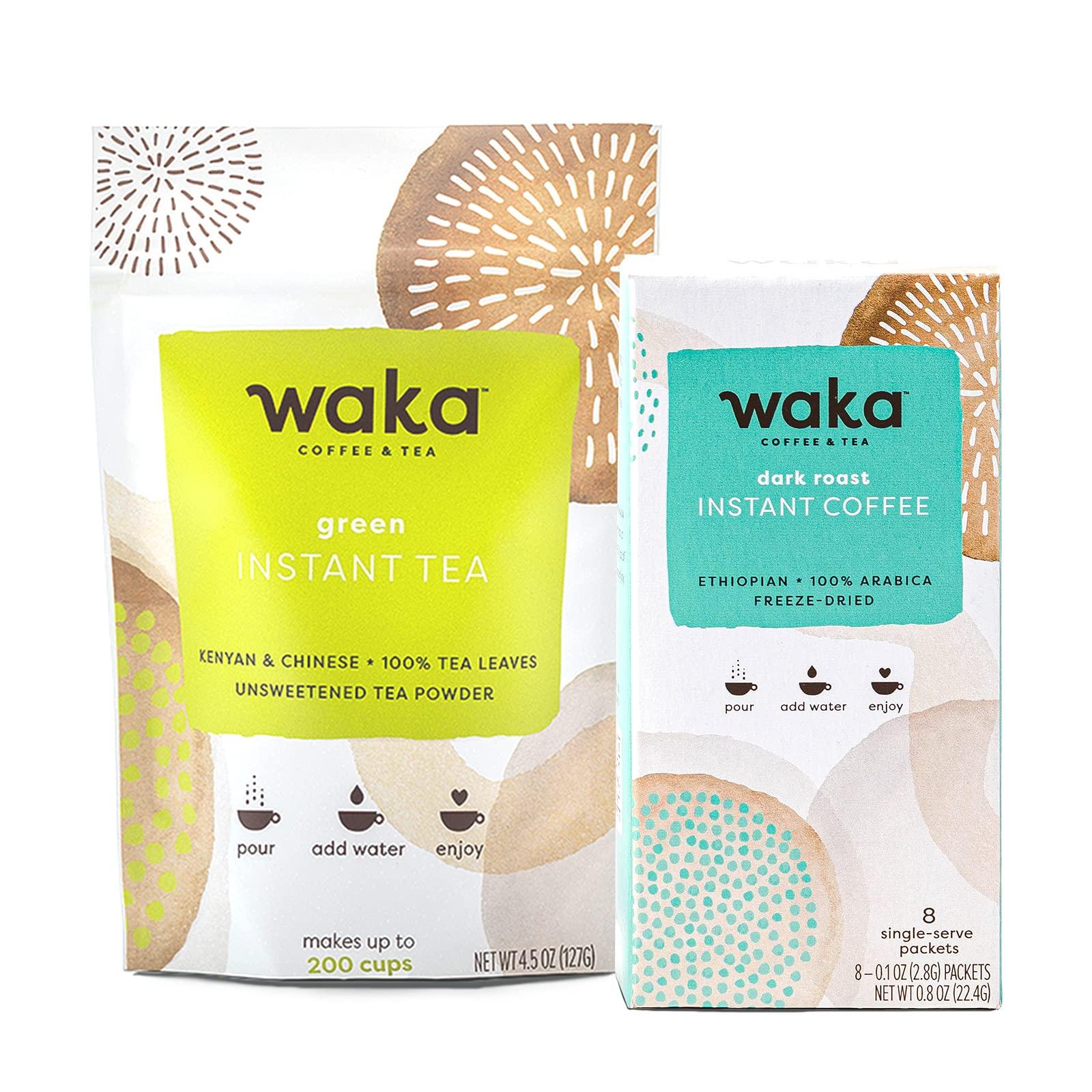 Waka Coffee Waka — Instant Coffee and Tea Bundle — Unsweetened Green Tea — Single-Serve Ethiopian Dark Roast Box Bundle