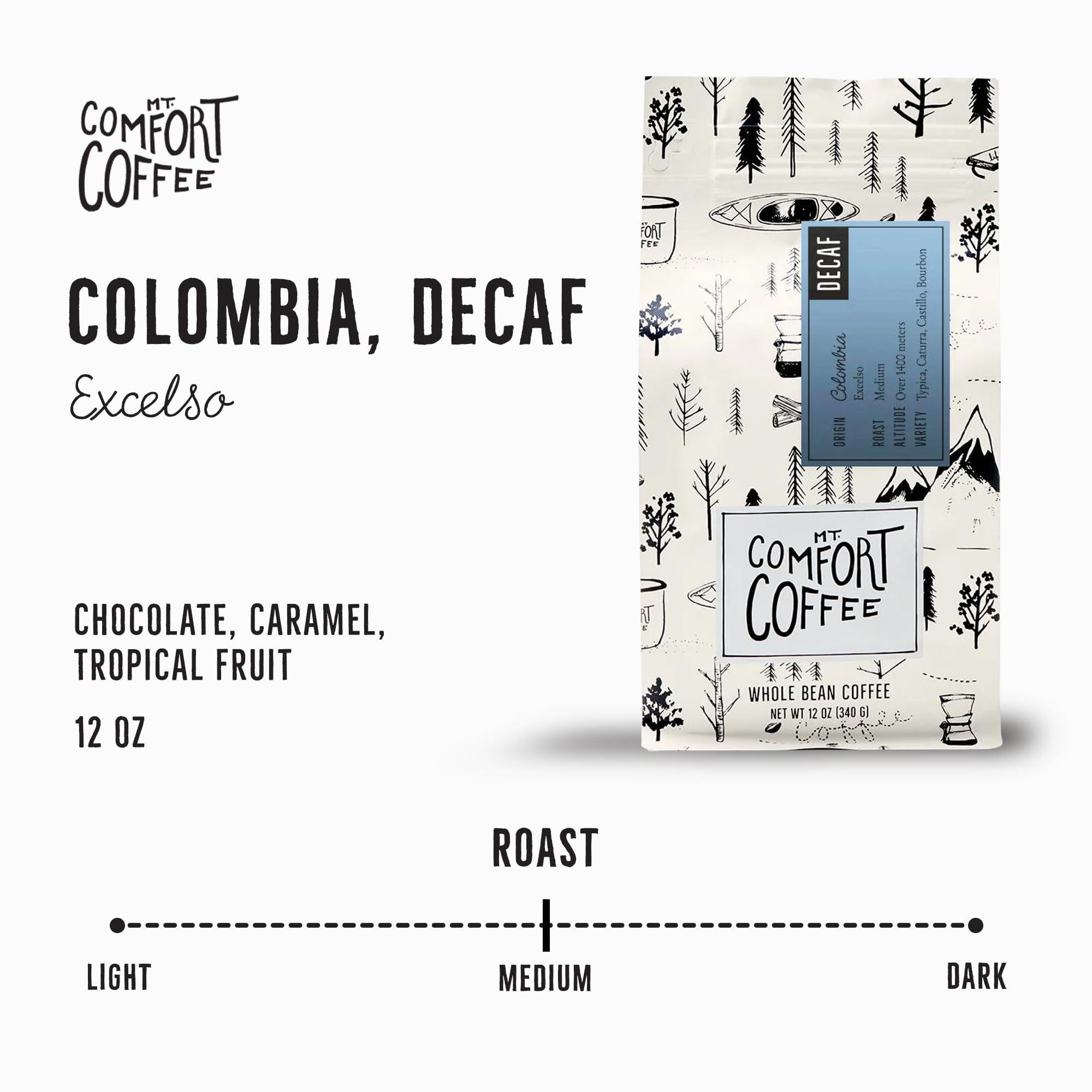 Mt. Comfort Coffee Mt. Comfort Coffee Decaf Colombia Medium Roast, 12 Ounce - Flavor Notes of Chocolate, Caramel and Tropical Fruit - Sourced From Small, Colombian Coffee Farms - Roasted Whole Beans