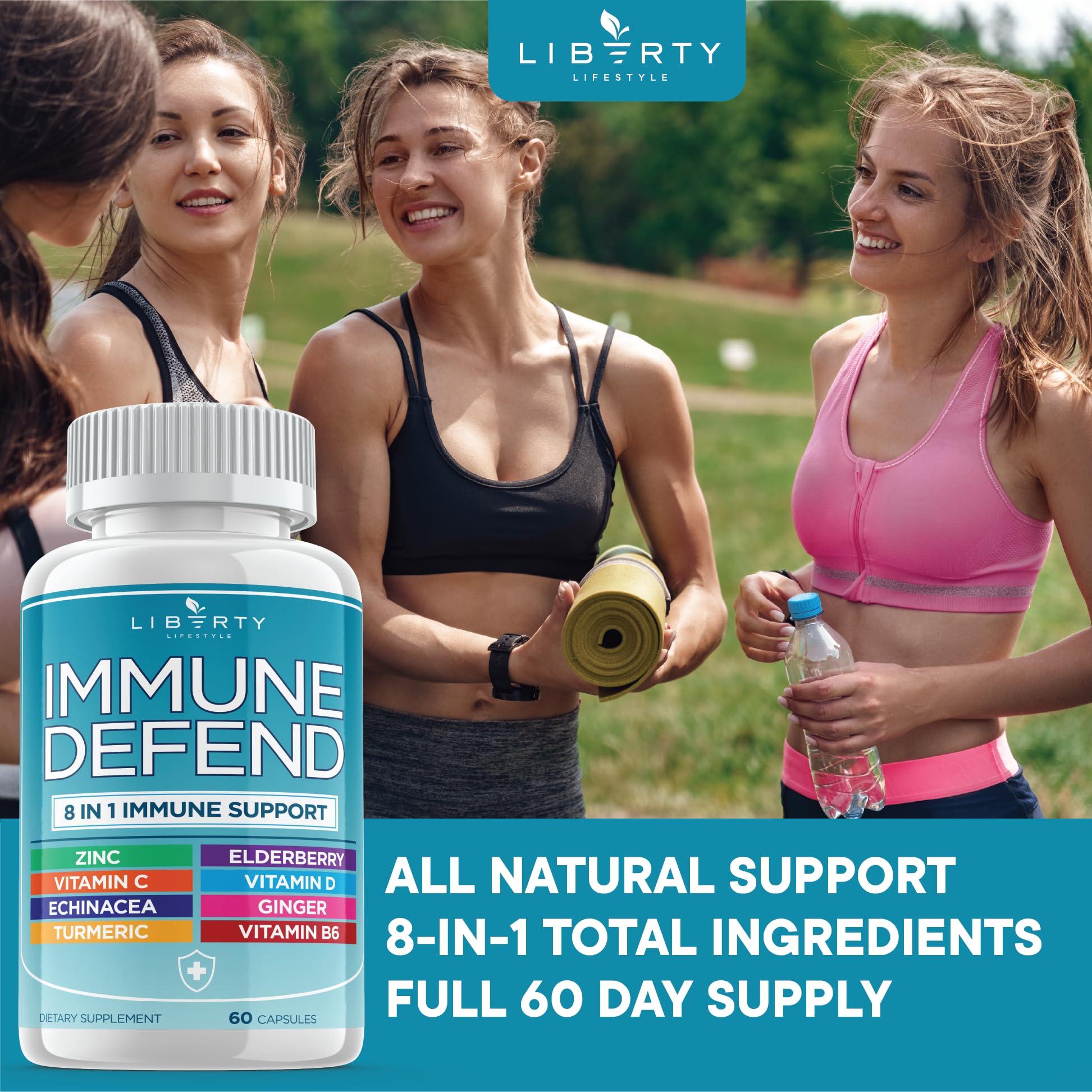 Liberty Lifestyle 8 in 1 Immune Defense Support, Immunity Vitamins Supplement Booster with Zinc 50mg, Vitamin C Elderberry VIT D3 5000 IU, Turmeric Curcumin & Ginger, Echinacea - Allergy Relief for Kids Adults