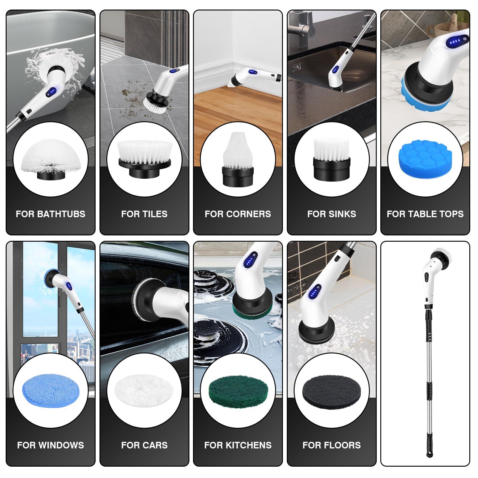 AUTOFU Electric Floor Scrubber 9 in 1 Electric Cleaning Brush Power Scrubber Mop 132cm Long Handle Scrubbing Brush Cordless Spin Scrubber for Cleaning Bathroom, Tub, Toilet, Kitchen