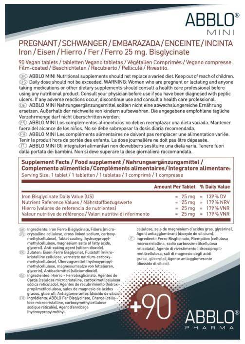 ABBLO PHARMA Prenatal & Pregnant Iron - 1 Tablet a Day - Very Gentle - Very Small - Bisglycinate - Take it with Breakfast