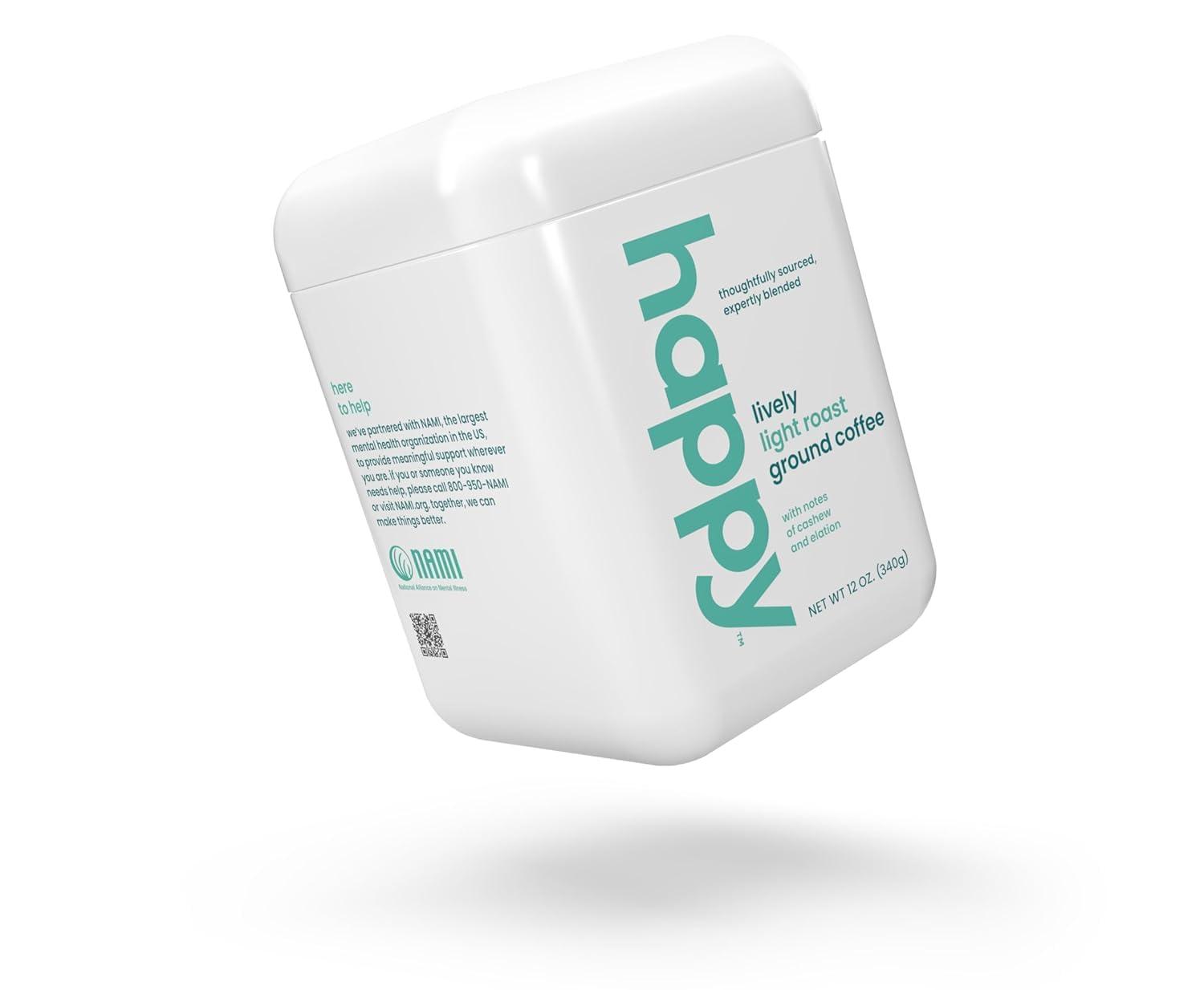 We Are Happy, LLC happy coffee light roast ground coffee, 12 oz., notes of cashew & elation, recyclable container, grown & harvested in Colombia, Brazil & Guatemala