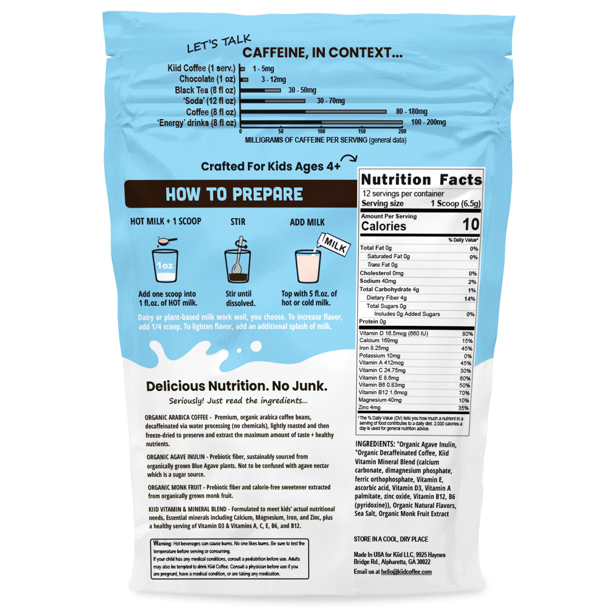 kiid Kiid Coffee Instant Latte - 99.9% Caffeine Free - Organic Decaf Coffee, 4g Fiber, 0g Sugar, 12 Vitamins & Minerals For Kids - Allergen Free & Vegan - Just Add Milk - Drink Hot or Cold (12 Servings)