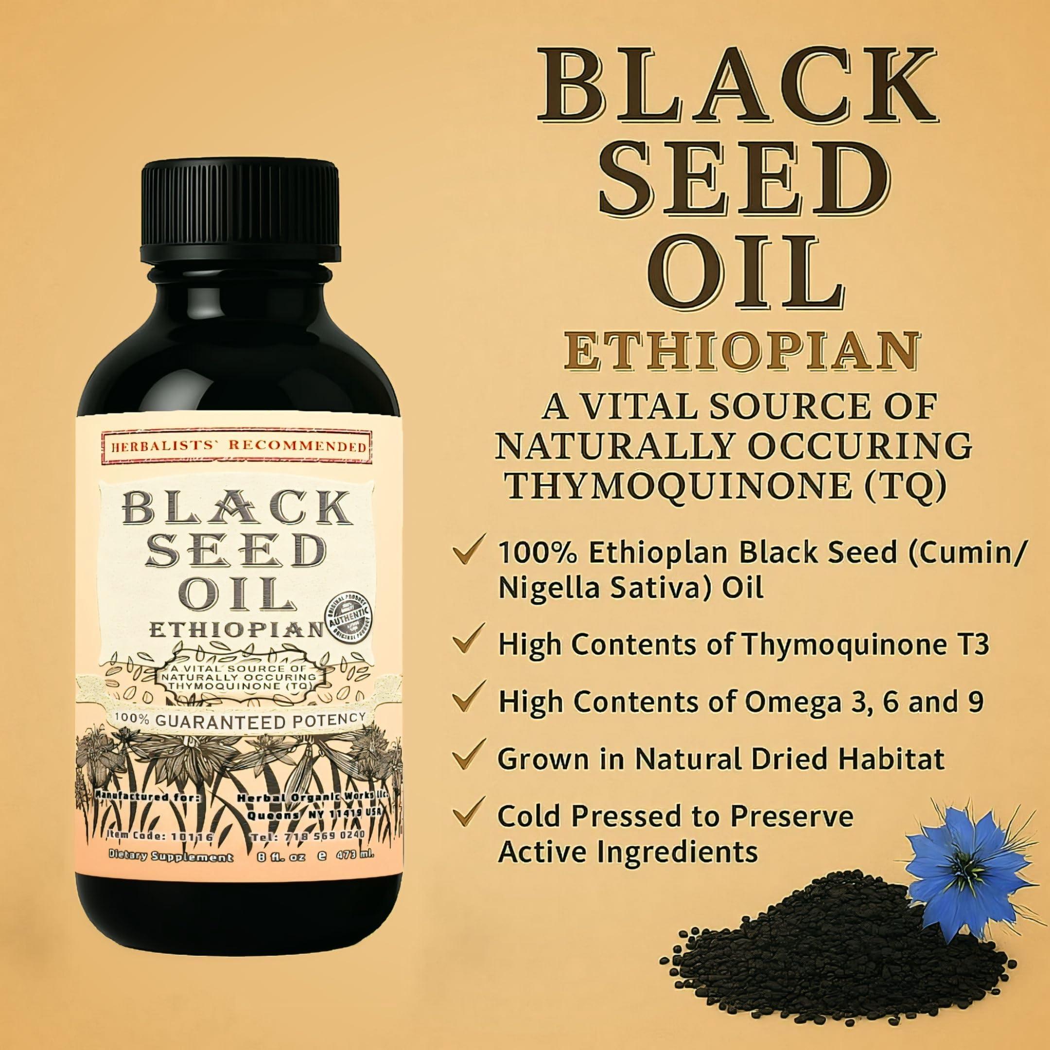 Herbal Organic Works Black Seed Oil 8oz. 100% Ethiopian Pure Black Cumin Seed Oil, 100% Natural Nigella Sativa. 3 Times More Thymoquinone, Cold Pressed in Glass Bottle