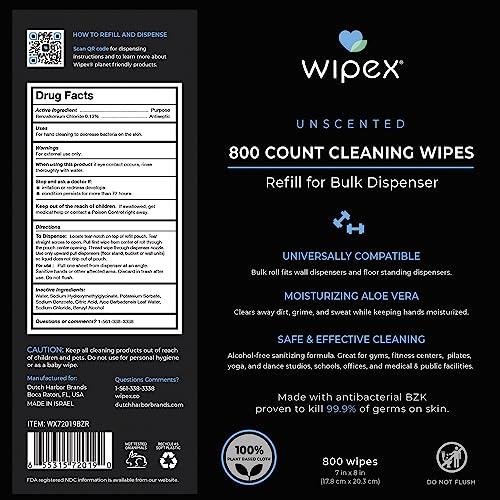 Wipex Wipex Gym & Fitness Wipes, 800 ct with BZK Antiseptic Refill Roll for Dispensers 2 Packs (1600 Wipes)