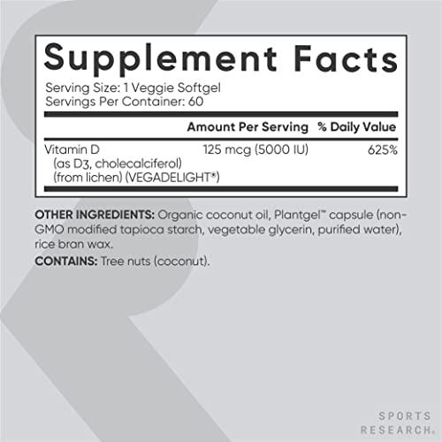 Sports Research Sports Research Vegan Vitamin D3 5000IU (125 mcg) with Coconut Oil | 100% Plant-Based Vitamin D for Bone, Joint & Immune Support | Carrageenan Free, Vegan Certified & Non-GMO Verified (60 Softgels)