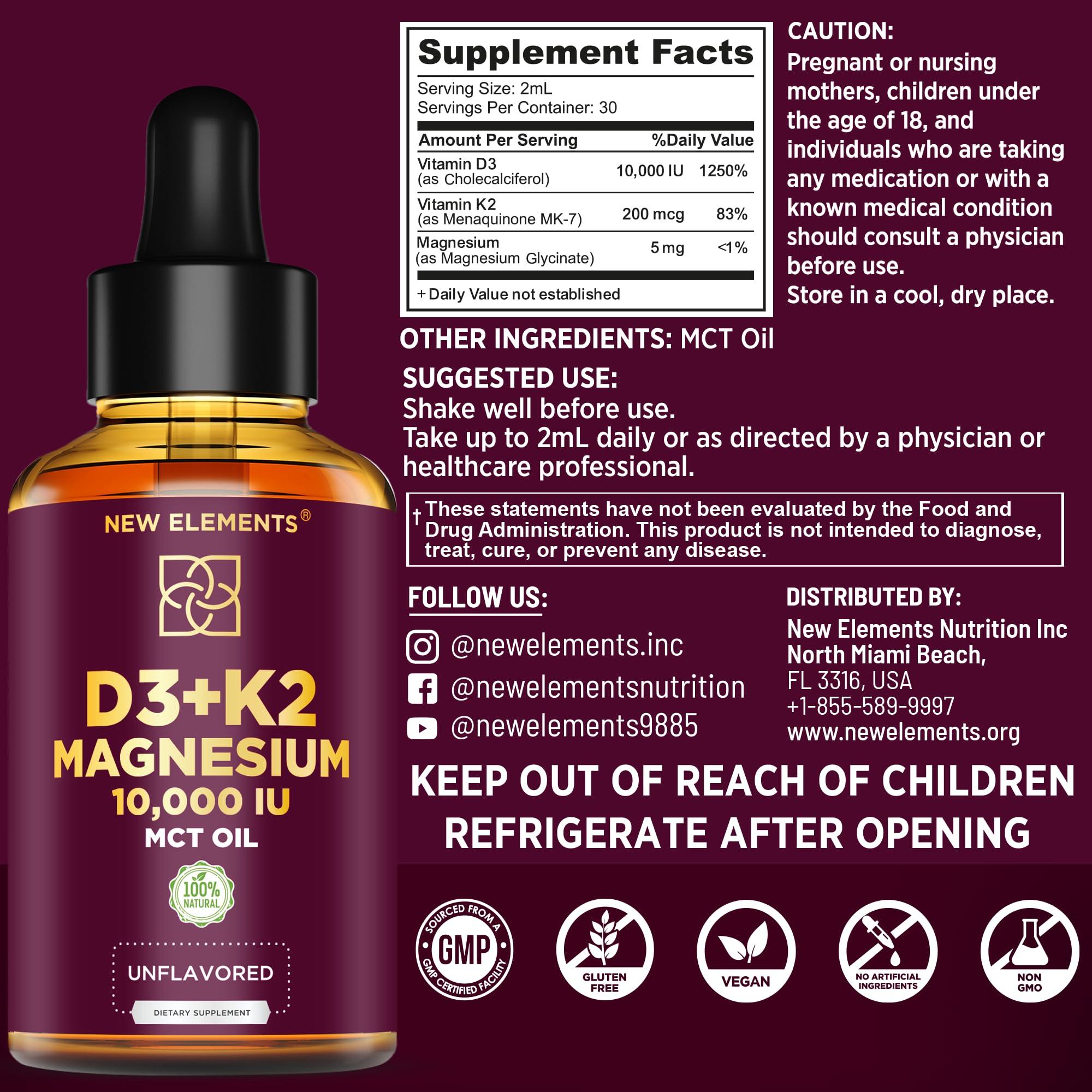 New Elements Liquid Vitamin D3 K2 10000IU with Magnesium Glycinate 5mg | VIT D3 K2 Drops for Adults | Mk7 Vitamin K2 100mcg | Vitamin D3 + K2 Supplement for Men & Women | Gluten Free | Non-GMO