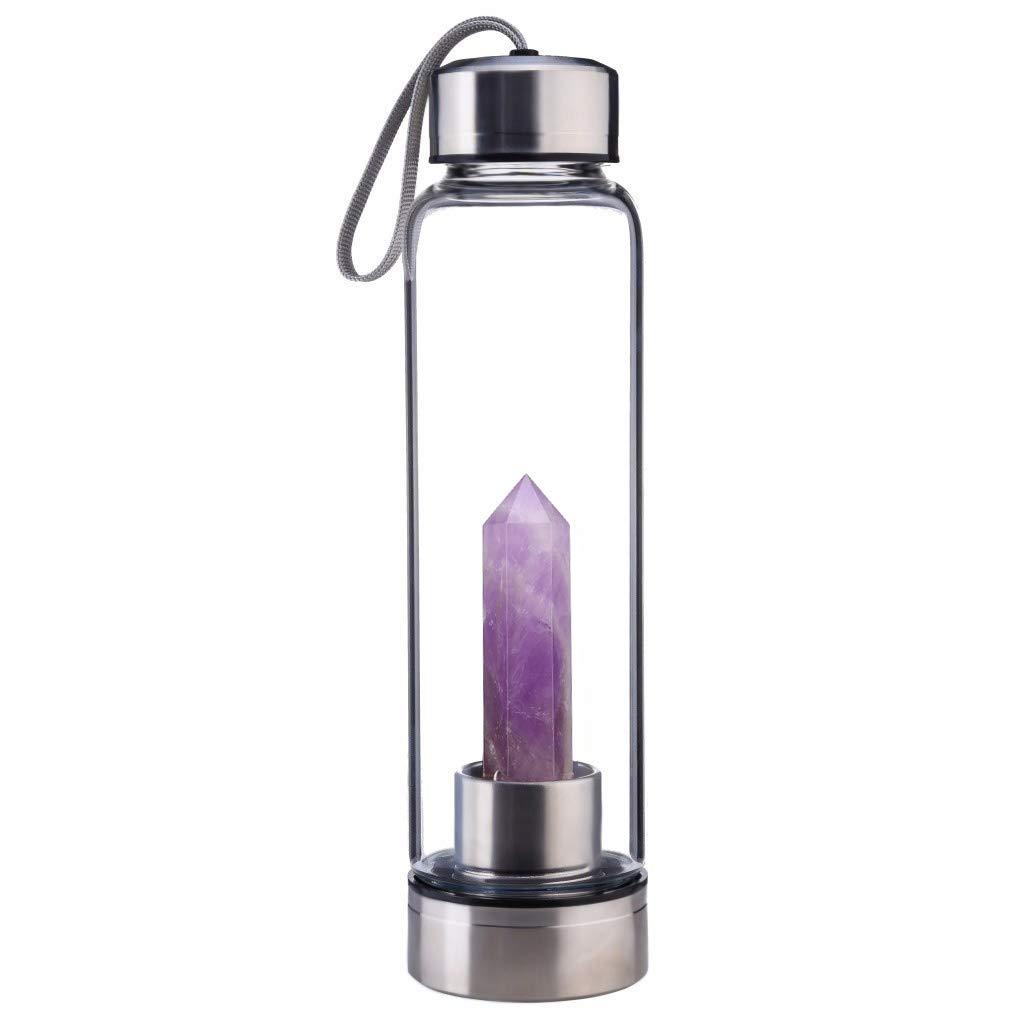 JewelBeauty Crystal Elixir Glass Water Bottle with Amethyst Gemstone Healing Crystal Infused Obelisk Wand Energy Cup (Amethyst)