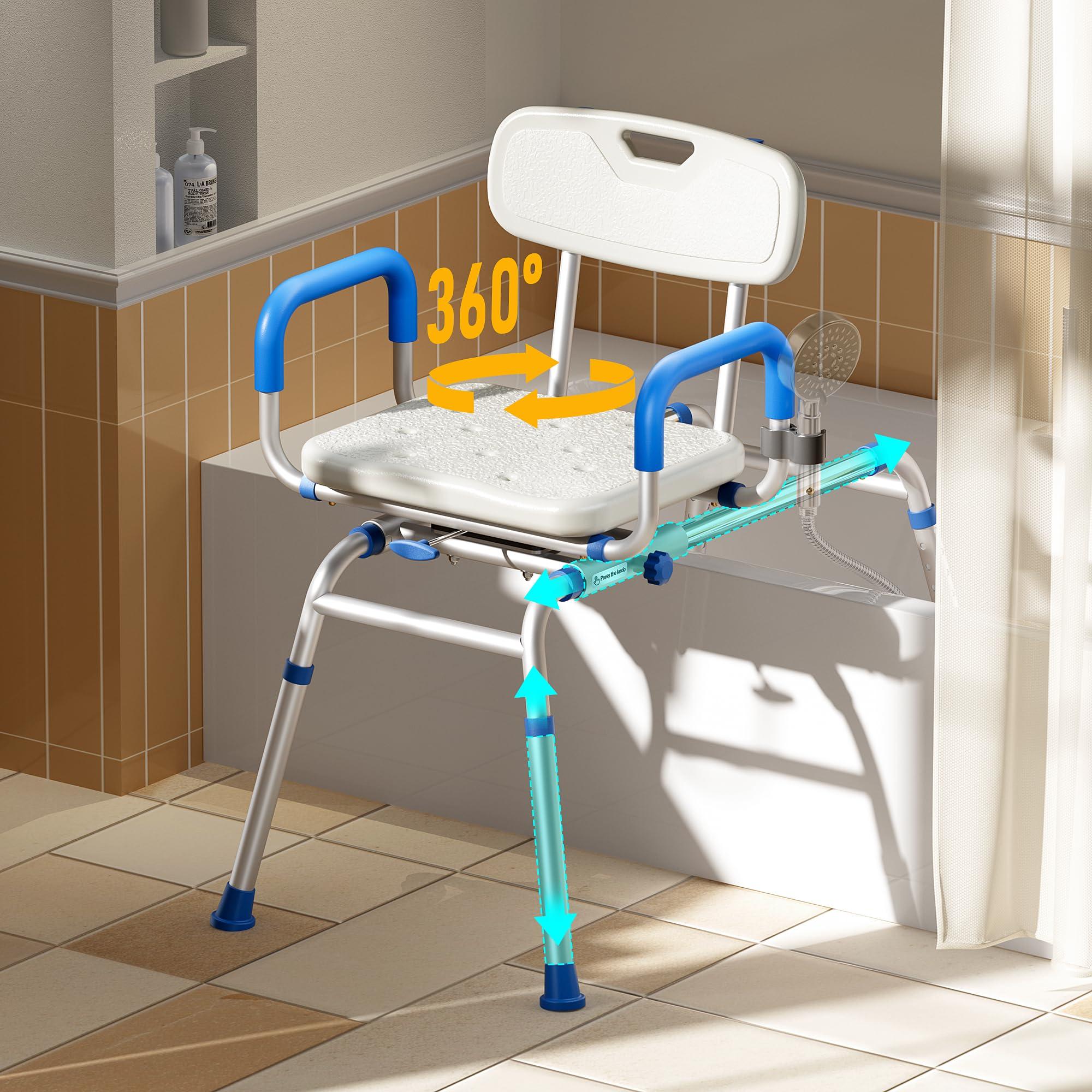 Bluelog Bluelog FSA/HSA Eligible Sliding Shower Chair with Extra-Wide 360 Swivel Seat, 330lbs Tub Transfer Bench, Non-Slip & Padded Arms, Adjustable Height for Elderly & Disabled Inside Shower, Rectangular