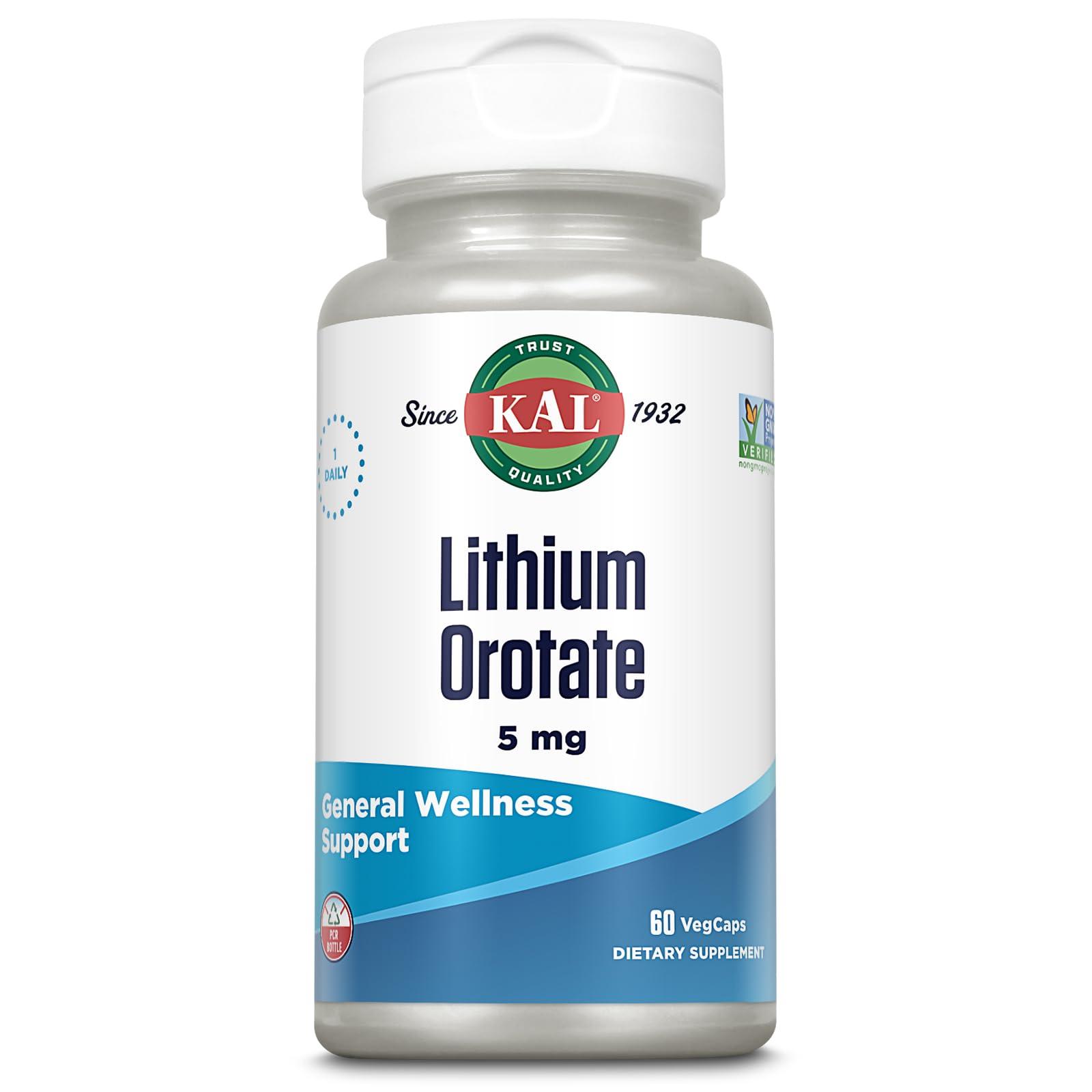 KAL KAL Lithium Orotate 5mg | Low Serving of Chelated Lithium Orotate for Bioavailability & Mood Support | in Organic Rice Bran Extract Base | 60 VegCaps