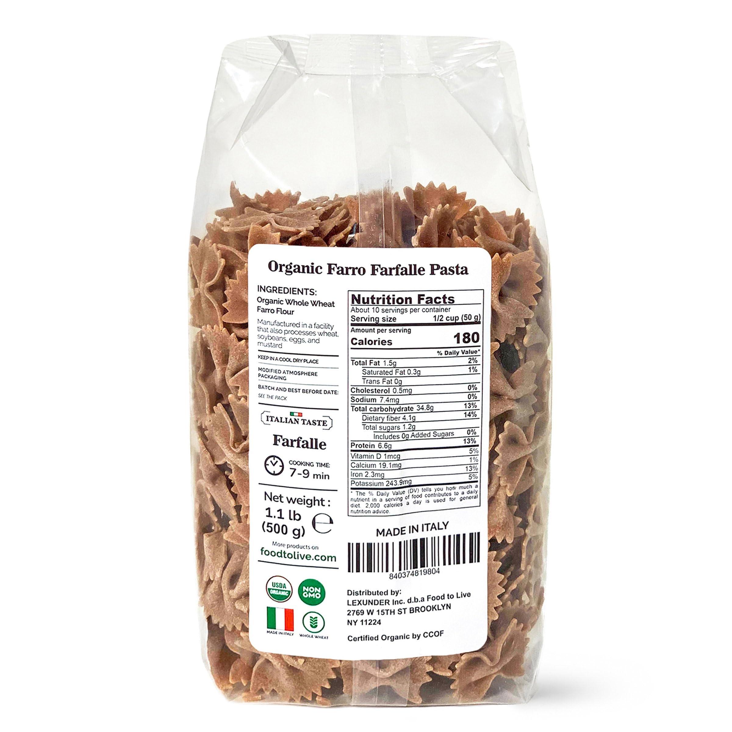 Food to Live Food to Live - Organic Farro Farfalle Pasta, 1.1 lb (Pack of 2) - Italian Whole Wheat and Non-GMO Bow-tie Pasta, Single Ingredient