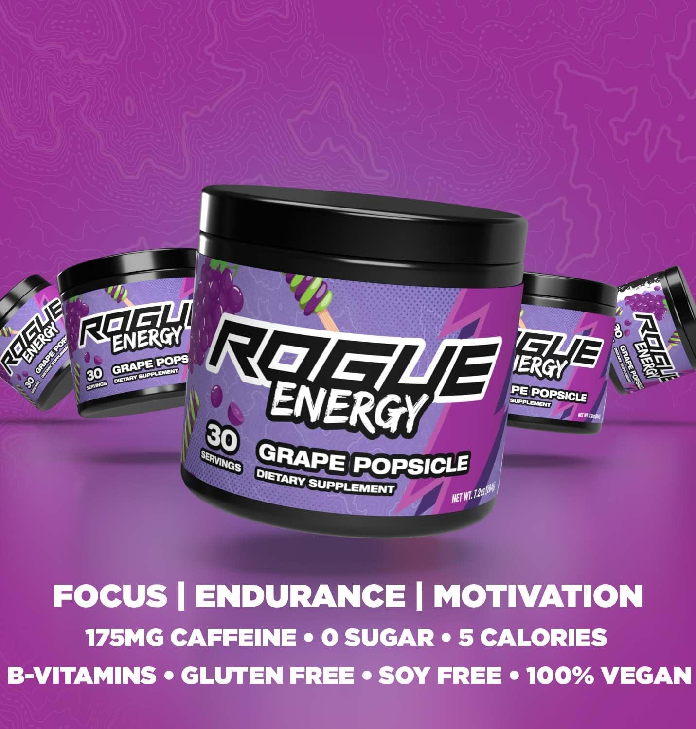 Rogue Energy Rogue Energy Drink Powder for Long Gaming Hours - Gaming Energy Powder for Mental Focus - Sugar & Gluten Free - Gaming Supplement with Caffeine & Vitamins - Made in USA (Grape Popsicle - 30 Servings)