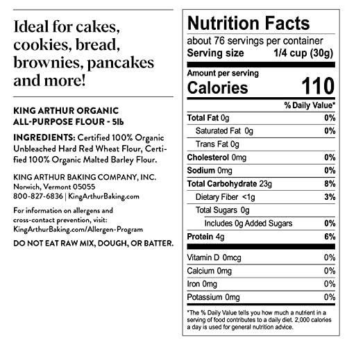 King Arthur King Arthur Organic All Purpose Artisan Flour - Premium Unbleached Wheat for Baking Bread, Pizza, Cookies & More - 5 lbs Bulk Pack of Versatile, High-Protein Baking Flour