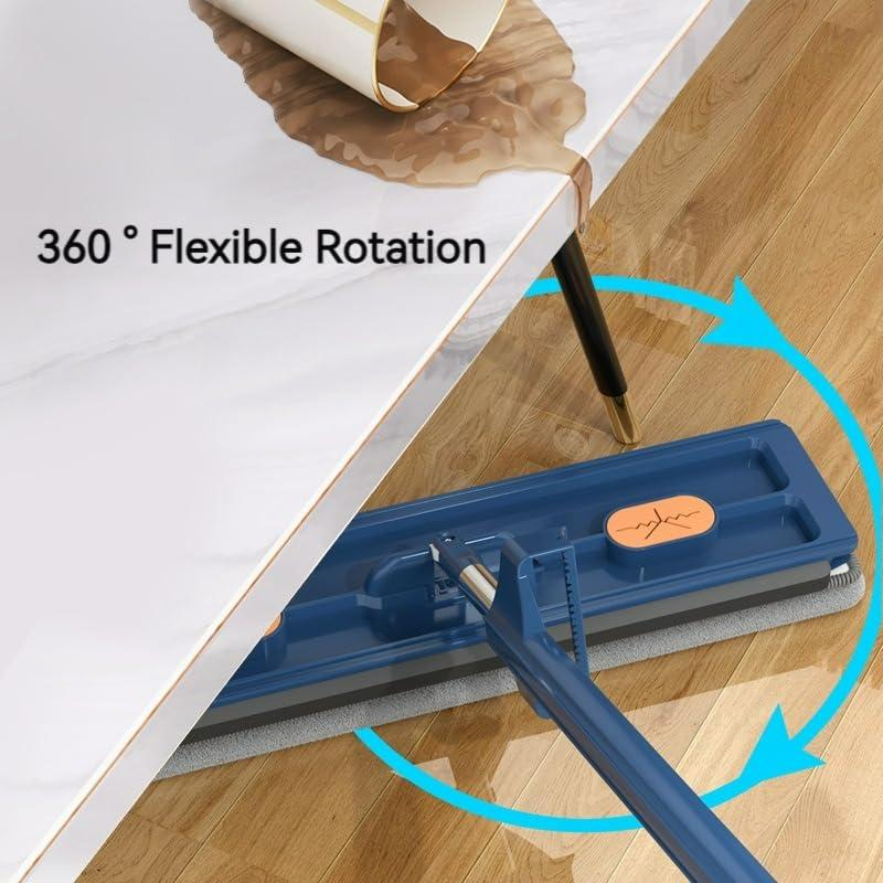 Haraketlt 2024 Large Flat Mop - 360 Rotating Adjustable Cleaning Mop with Dewatering Scraper, 54\" Extendable Long Handle Wet and Dry Mop with 2 Reusable Microfiber Pads for Floor Wall Bed (A-Blue)