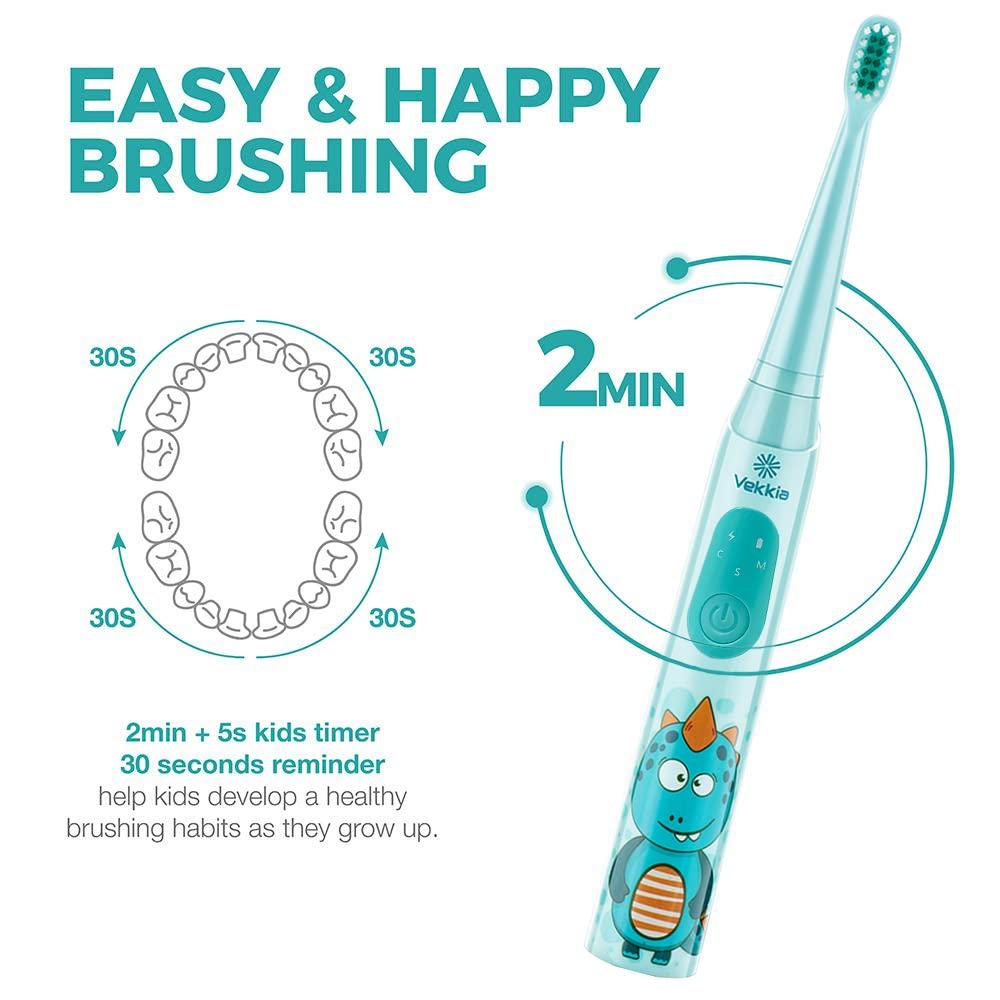 Vekkia Vekkia Sonic Rechargeable Kids Electric Toothbrush, 3 Modes with Memory, Fun & Easy Cleaning, 24000 Strokes, IPX7 Waterproof, 2-Min Timer for Age 5+, 4 Soft Bristles(Blue)