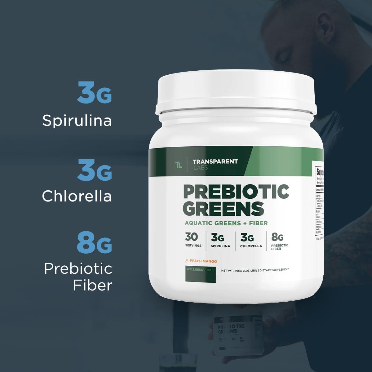 Transparent Labs Transparent Labs Prebiotic Greens - Superfood Powder & Antioxidants Supplement with Organic Spirulina, Chloerra, Acacia Powder, & Green Banana Powder - 30 Servings, Peach Mango