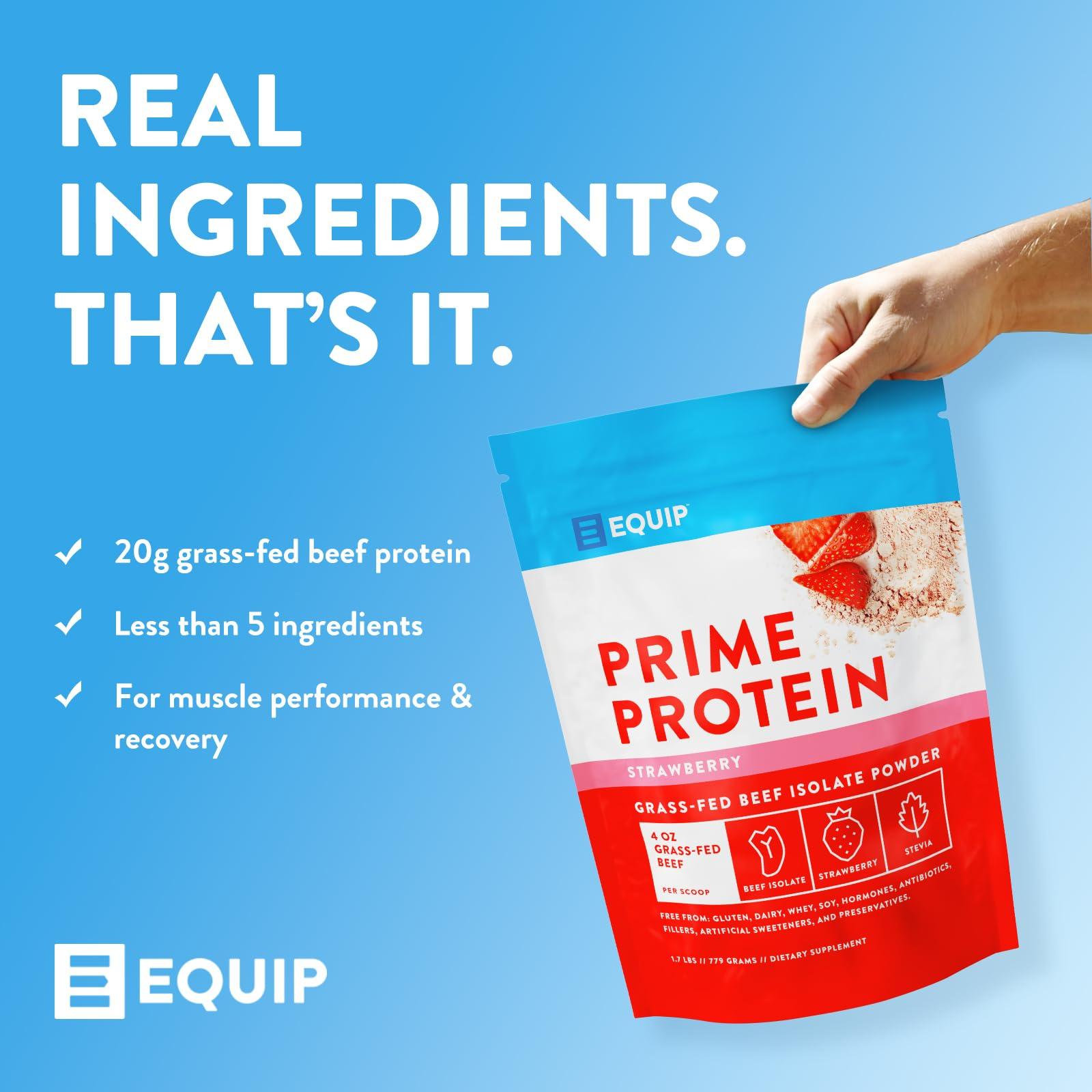 Equip Equip Foods Prime Protein Powder | Clean, Grass Fed Beef Protein Isolate | Carnivore Protein Powder | Paleo, Keto Friendly | Gluten, Dairy Free | Helps Build & Repair Tissue | 30 Servings, Strawberry