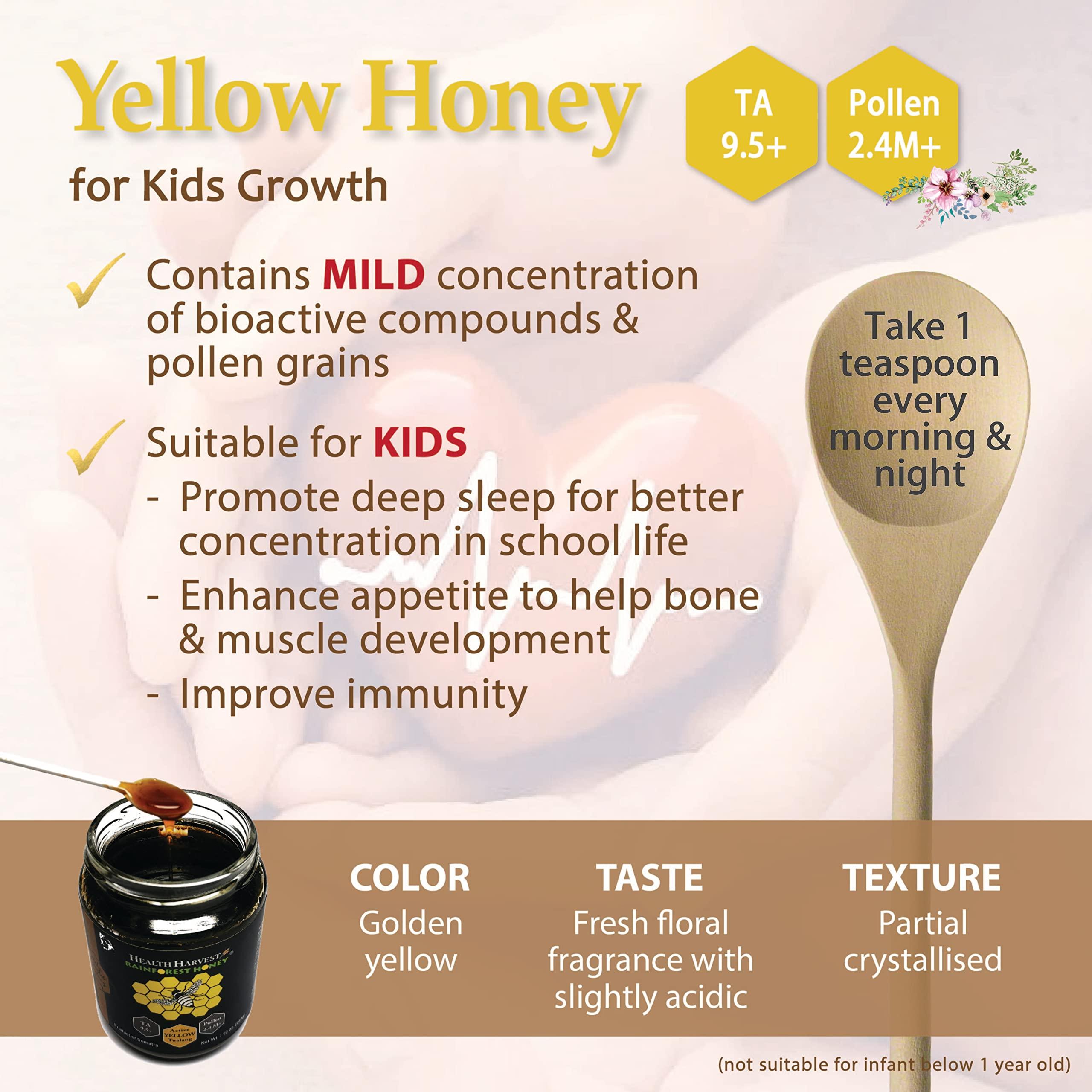 Health Harvest Tualang Yellow Honey 1.8oz (TA 9.5+, Pollen Count 2.4M+, Pollen Variety 100+) Mild Choice for Kids Growth, Wild-ripening on 250ft Treetop, Raw, Unpasteurised, Unfiltered