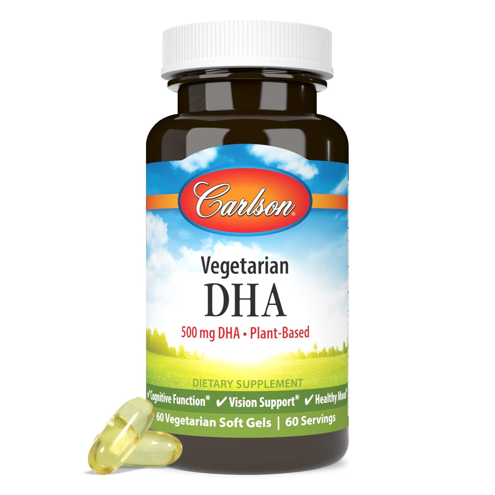 Carlson Carlson - Vegetarian DHA, 500 mg DHA, Plant Based, Sustainably Sourced from Algae, Brain Support, Mood Health, 60 Softgels