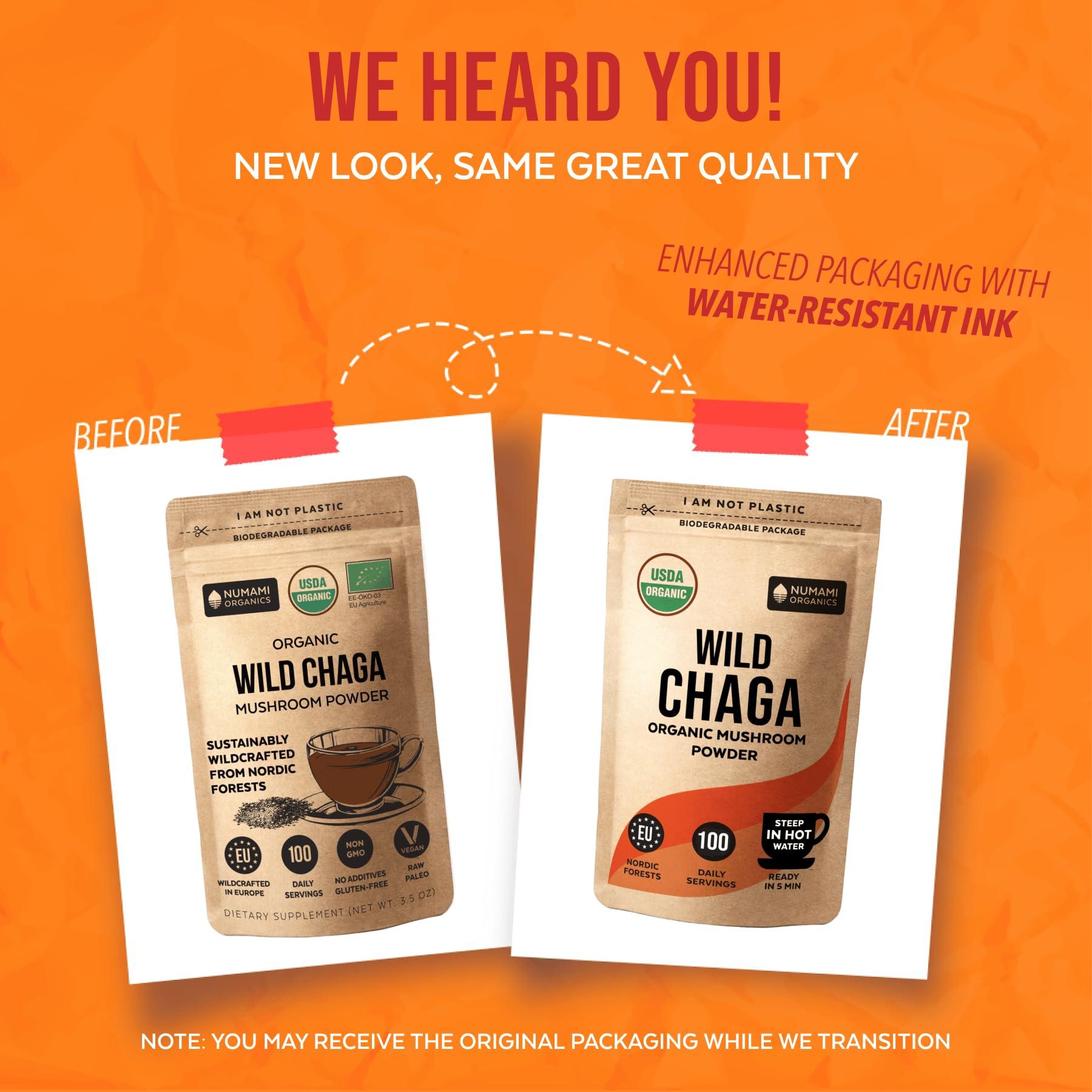 Numami Organic Chaga Mushrooms Powder - Fine Powder to Make Chaga Tea for Immune Defense and More Energy, Organic Chaga is Wild Grown and Sustainably Harvested in Europe, Certified USDA Organic, 100 servings