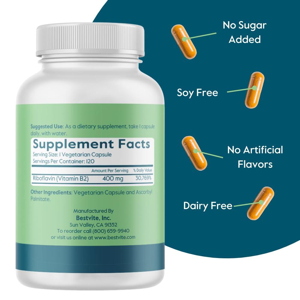 BESTVITE BESTVITE Vitamin B-2 (Riboflavin) 400mg (240 Vegetarian Capsules) (120 x 2) - No Stearates - Vegan - Non GMO - Gluten Free