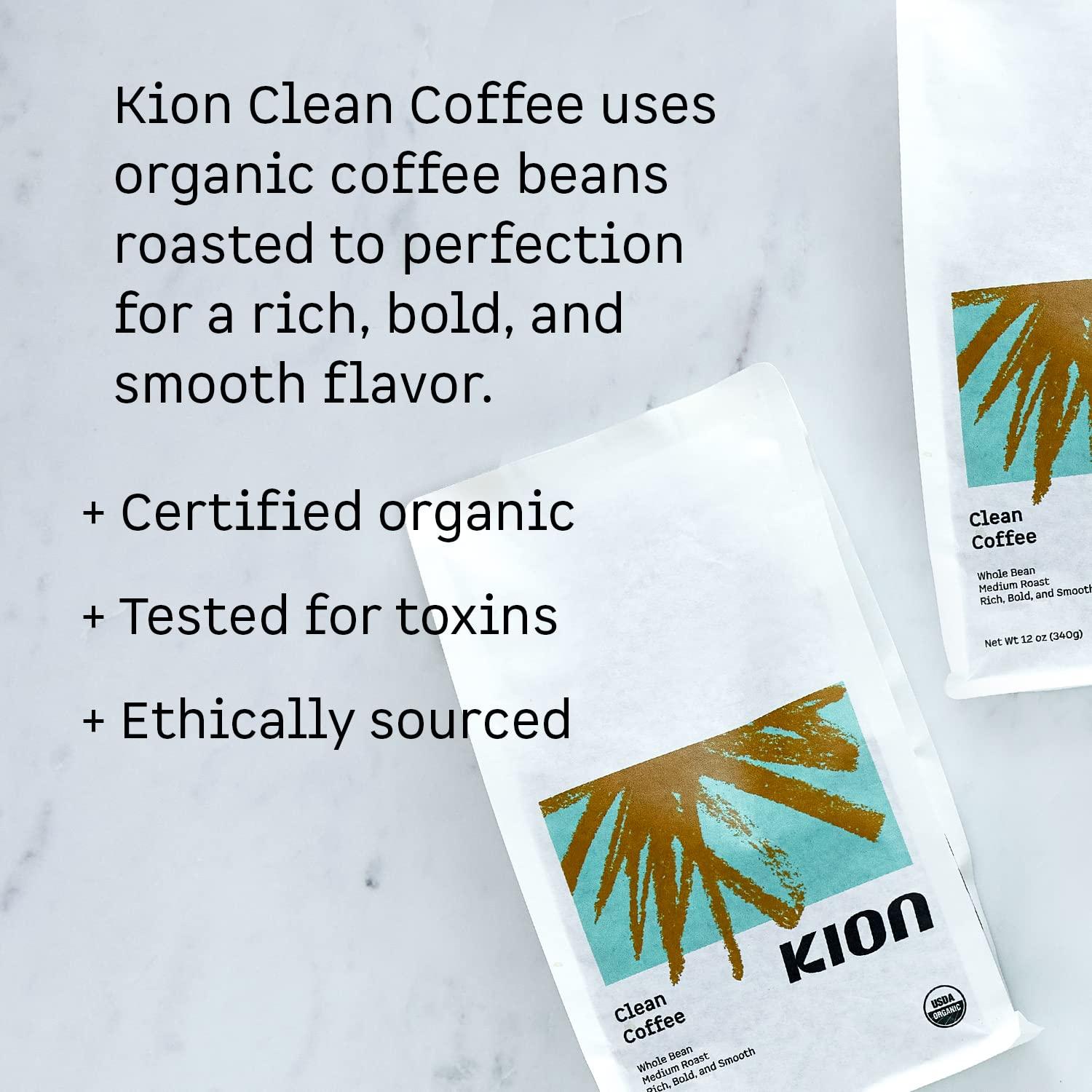 Kion Kion Organic Whole Bean Coffee, Tested for Toxins, Ethically Sourced, Rich, Bold, and Smooth, Medium Roast 12 Oz (1 Pack)