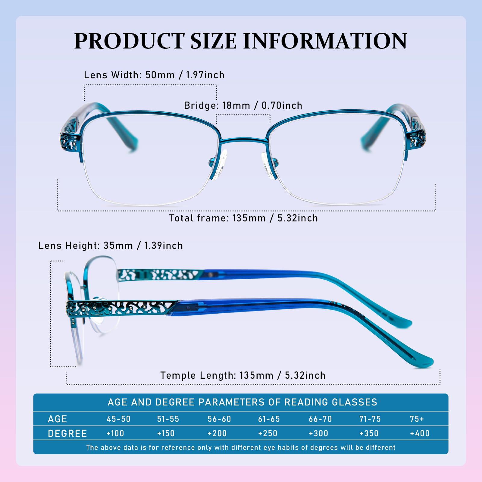 DEHOTRE DEHOTRE Progressive Multifocal Reading Glasses Women No Line Bifocal Readers with Nose Pad Metal Half Frame Mid-Near Range 3ft Blue 2.75