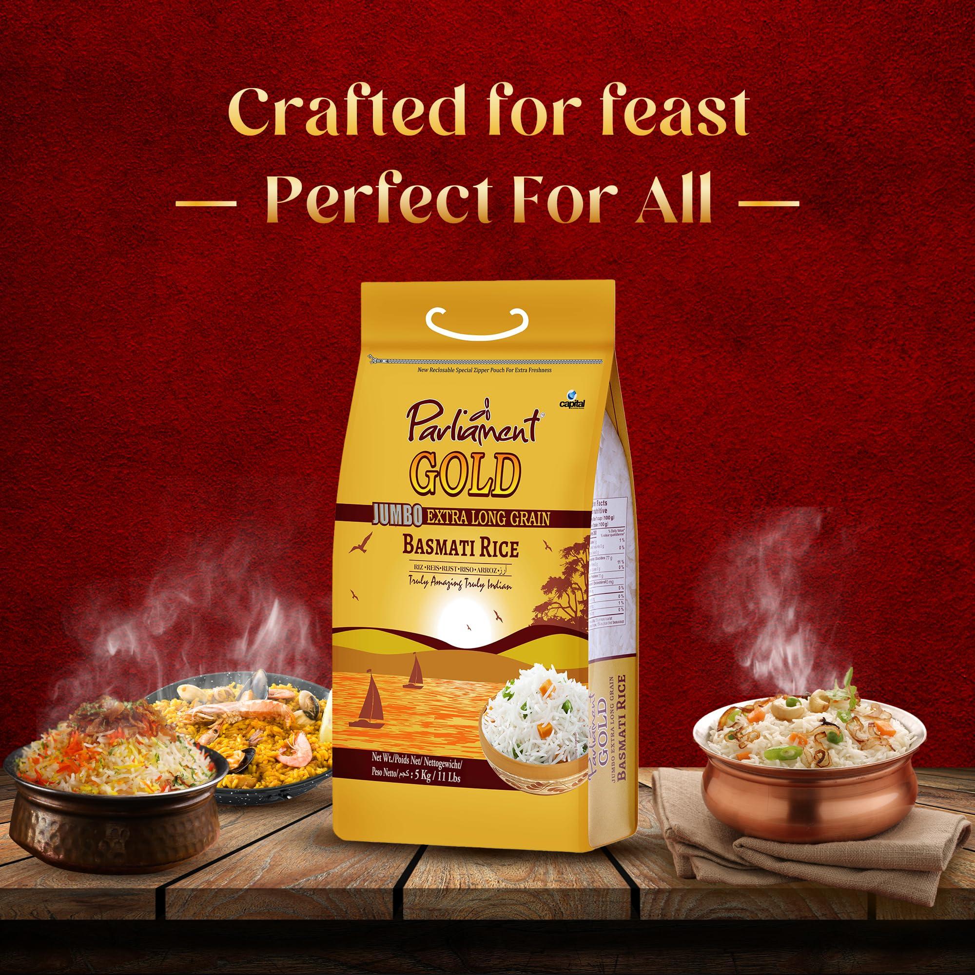 PARLIAMENT GOLD Parliament Gold Jumbo Extra Long Basmati Rice | Indian Risotto | All Natural | Vegan | Gluten Friendly | NON-GMO | Aged Perfection | Luxurious Taste | Product of India (10, Pounds)