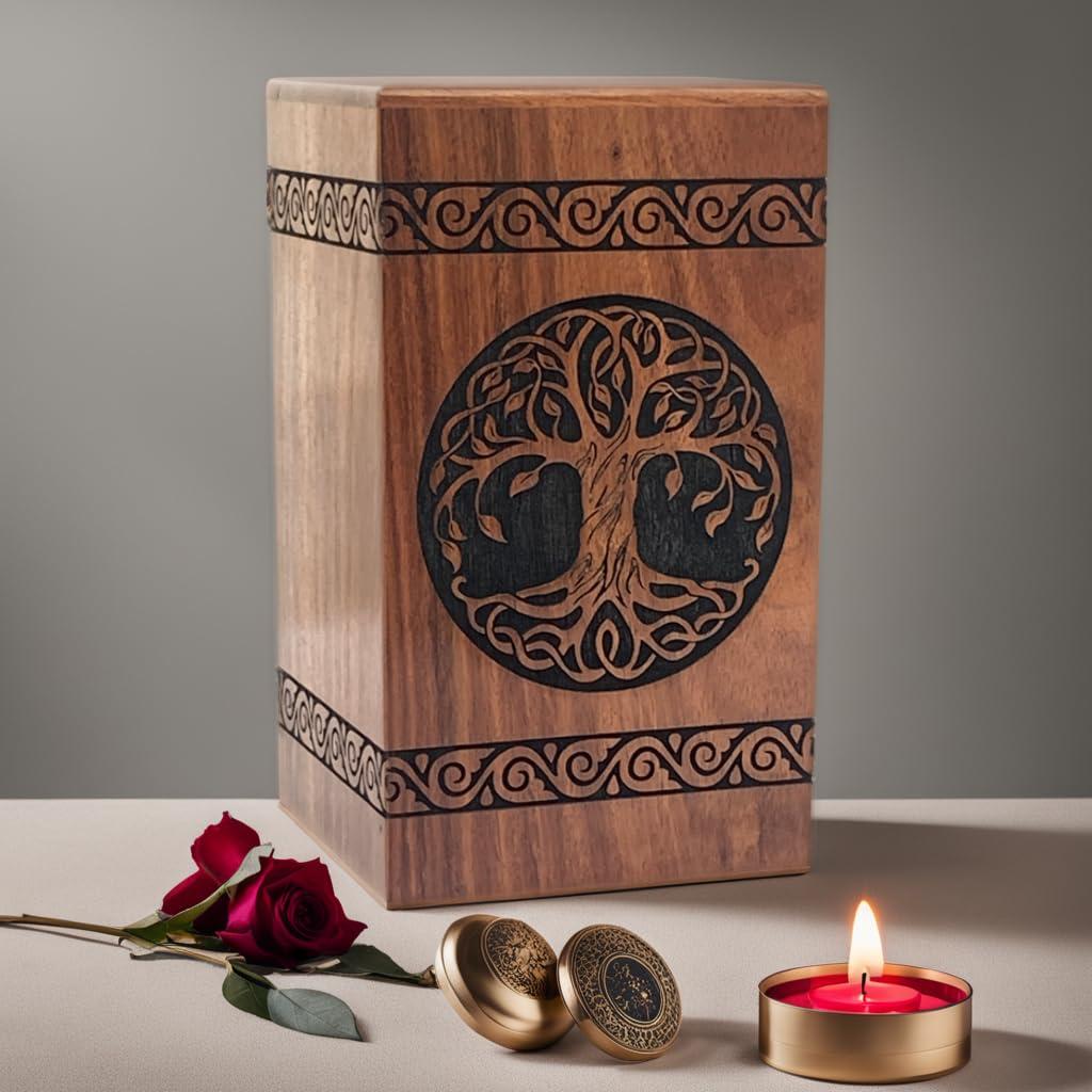 Prime Art Prime Art Wooden Urns for Human Ashes Tree of Life Urns Cremation Urns for Adult Ashes Funeral Urns Wooden Pet Urn Wooden Urn Box (Tree of Life Black, (Small - 8\" Hx4.75 W (115 Cu/in))