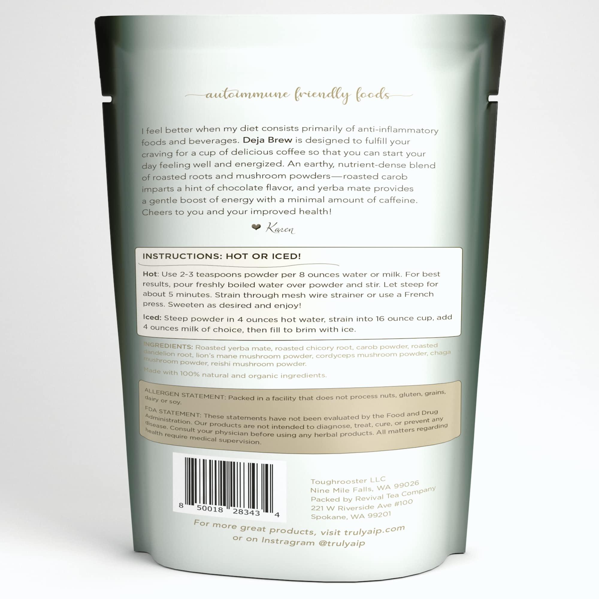 Truly AIP Truly AIP Deja Brew Organic Coffee Alternative Whole 30, Paleo, Autoimmune Protocol Friendly Blend of Roasted Roots, Mushrooms, Carob & Yerba Mate (4 OZ. (16-24 Servings))