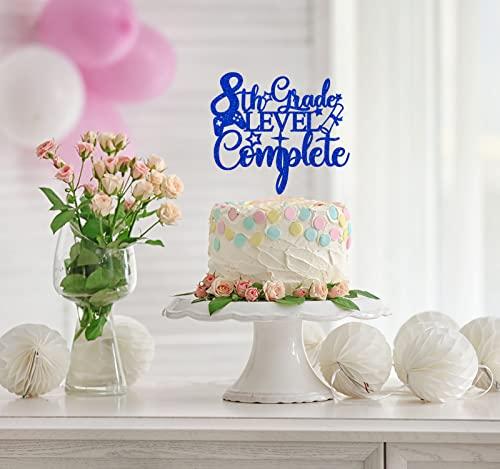 RLXPT 8th Grade Grad Cake Topper, Next Stop High School, Out Middle School Cake Decorations, 2024 Graduation Party Decorations Blue Glitter