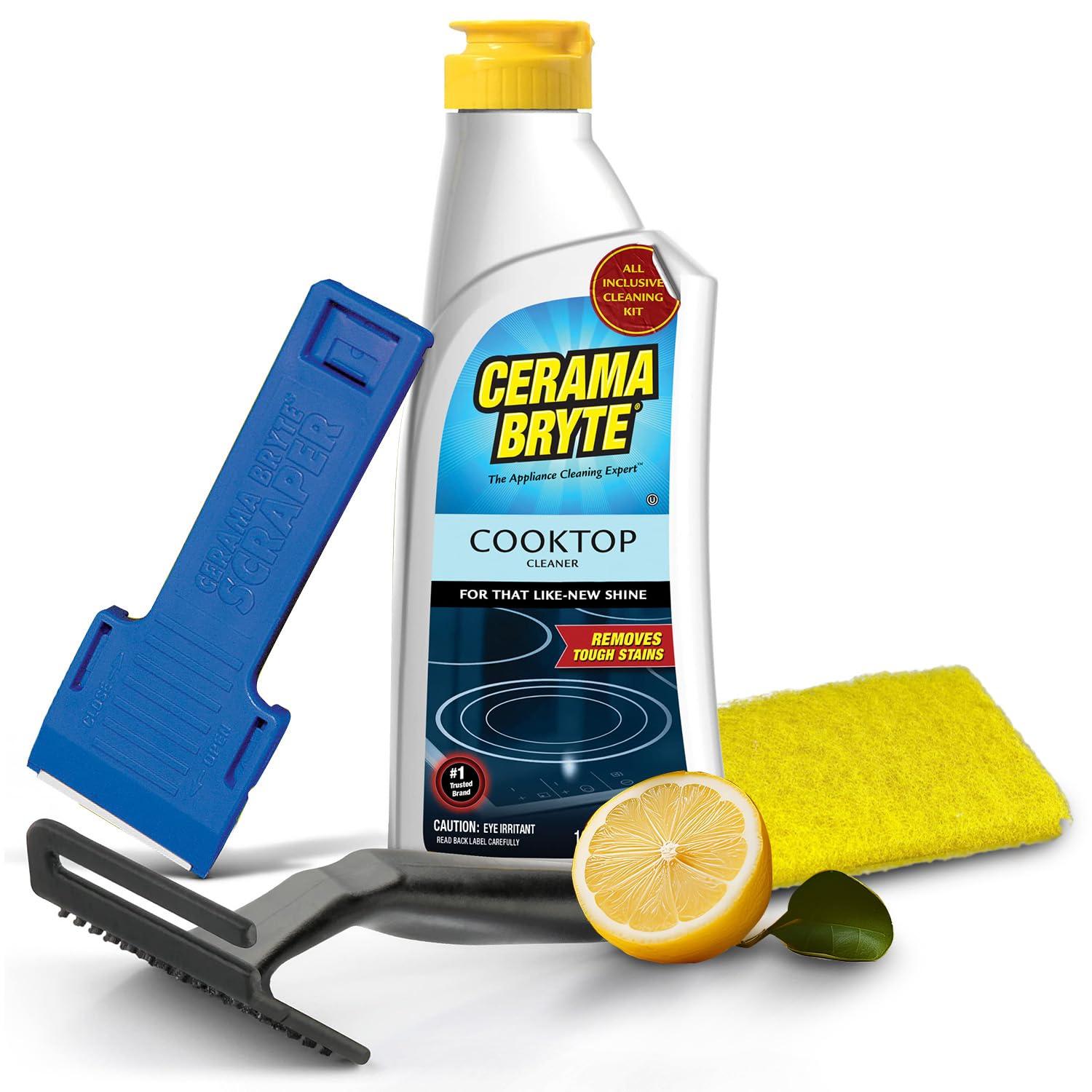 Cerama Bryte Cerama Bryte Combo Kit POW-R Grip, Scraper, Pad & Removes Tough Stains Cooktop and Stove Top Cleaner for Glass - Ceramic Surfaces, 10 Ounces, 4 Piece