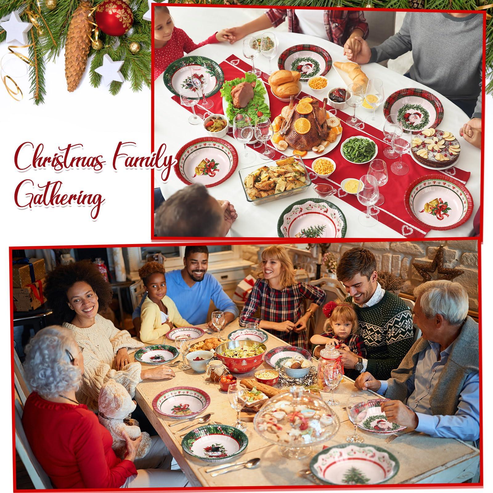 Pasimy Pasimy 100 Pcs Christmas Paper Bowls Bulk 12 oz Merry Christmas Disposable Bowls Red and Green Plaid Food Serving Snowman Santa Claus Snack Soup Dessert Food Tablewares for Xmas Party Favors Supplies