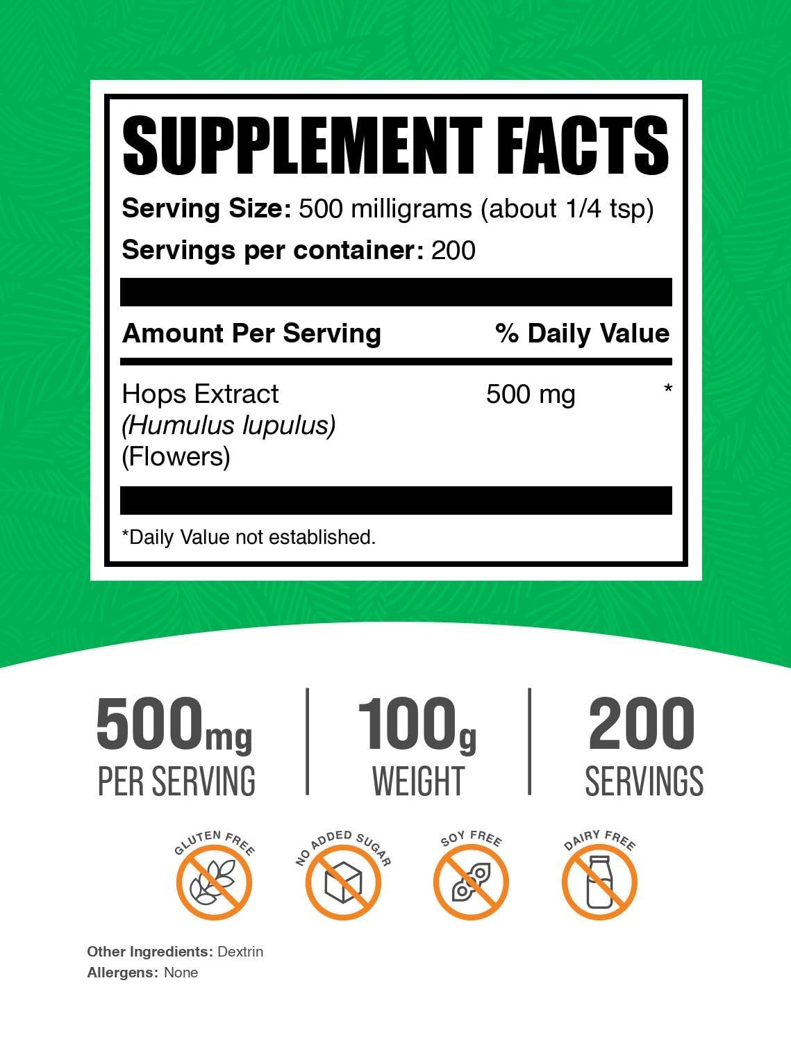 BulkSupplements BulkSupplements.com Hops Extract Powder - Hops Supplements, Sourced from Hops Flowers, Hops Powder - Herbal Supplement, Gluten Free, 500mg per Serving, 100g (3.5 oz) (Pack of 1)