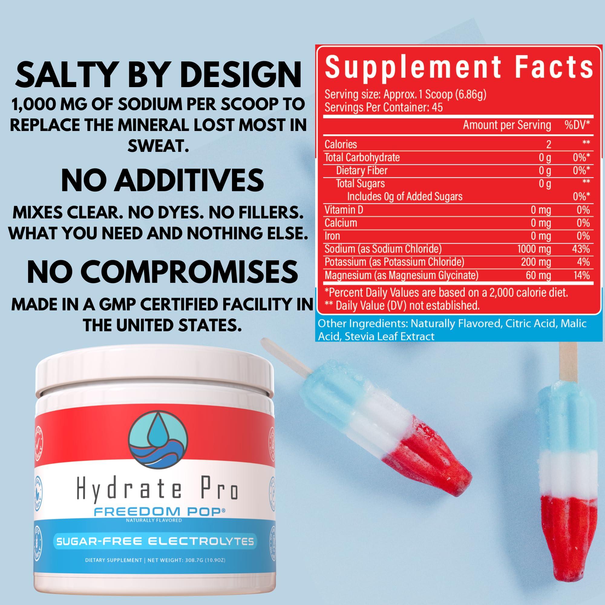 Hydrate Pro Hydrate Pro Sugar-Free Electrolyte Powder | 1000mg High-Sodium Electrolyte Complex | POTS Support & Keto Flu Prevention | 45 Servings Natural Hydration | Freedom Pop