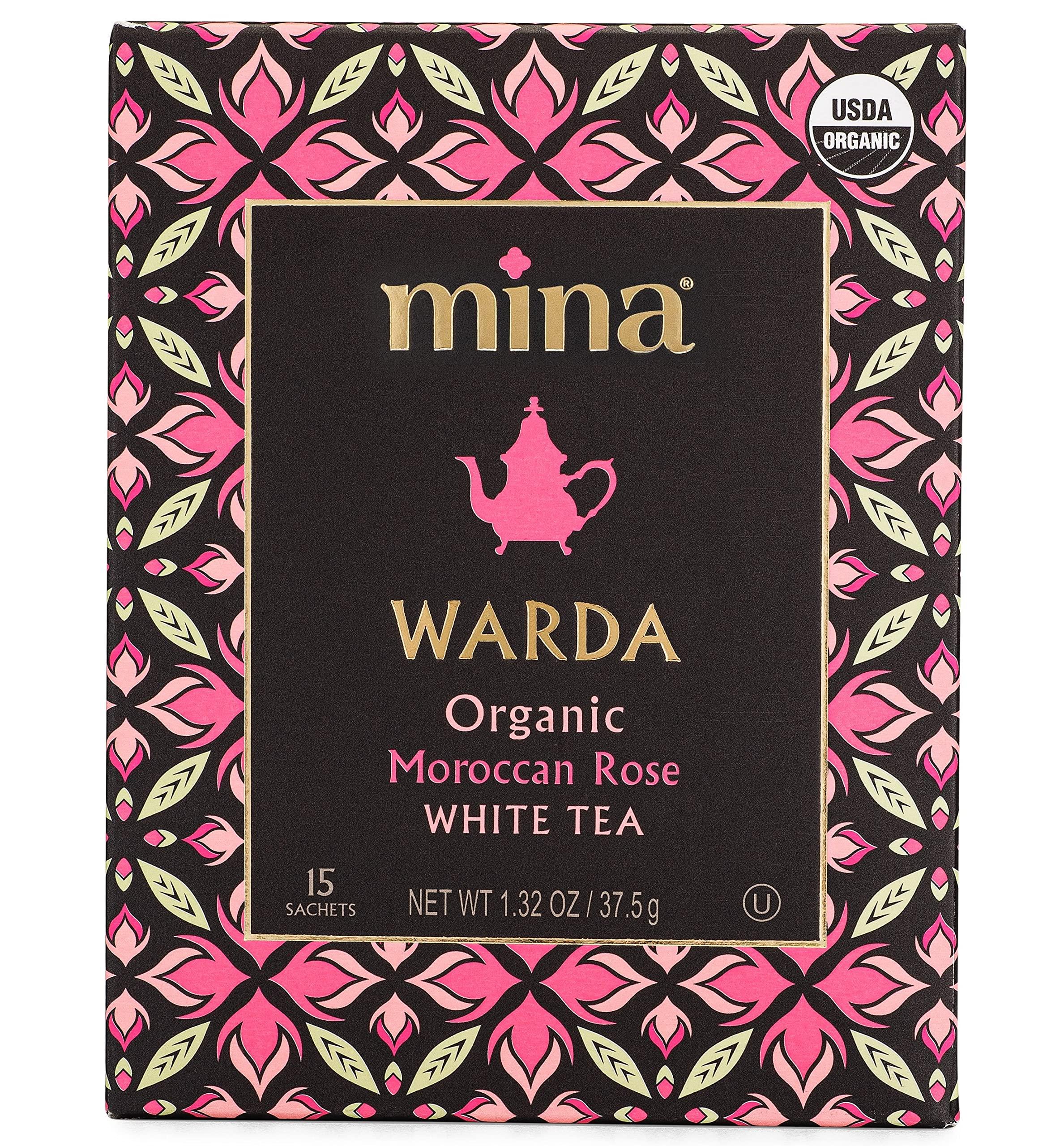 Mina Mina Warda Organic Moroccan Rose White Tea, 15 Biodegradable Sachets - Rose Tea Bags, White Tea with Moroccan Rose Petals, Organic White Tea Bags, Low Caffeine Tea
