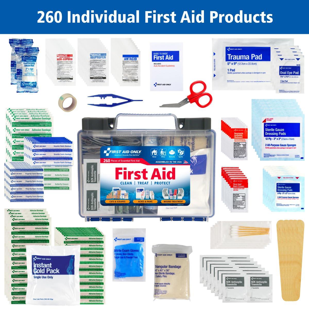 First Aid Only First Aid Only 91248 OSHA-Compliant First Aid Kit, All-Purpose 50-Person Emergency First Aid Kit for Business, Worksite, Home, and Car, 260 Pieces