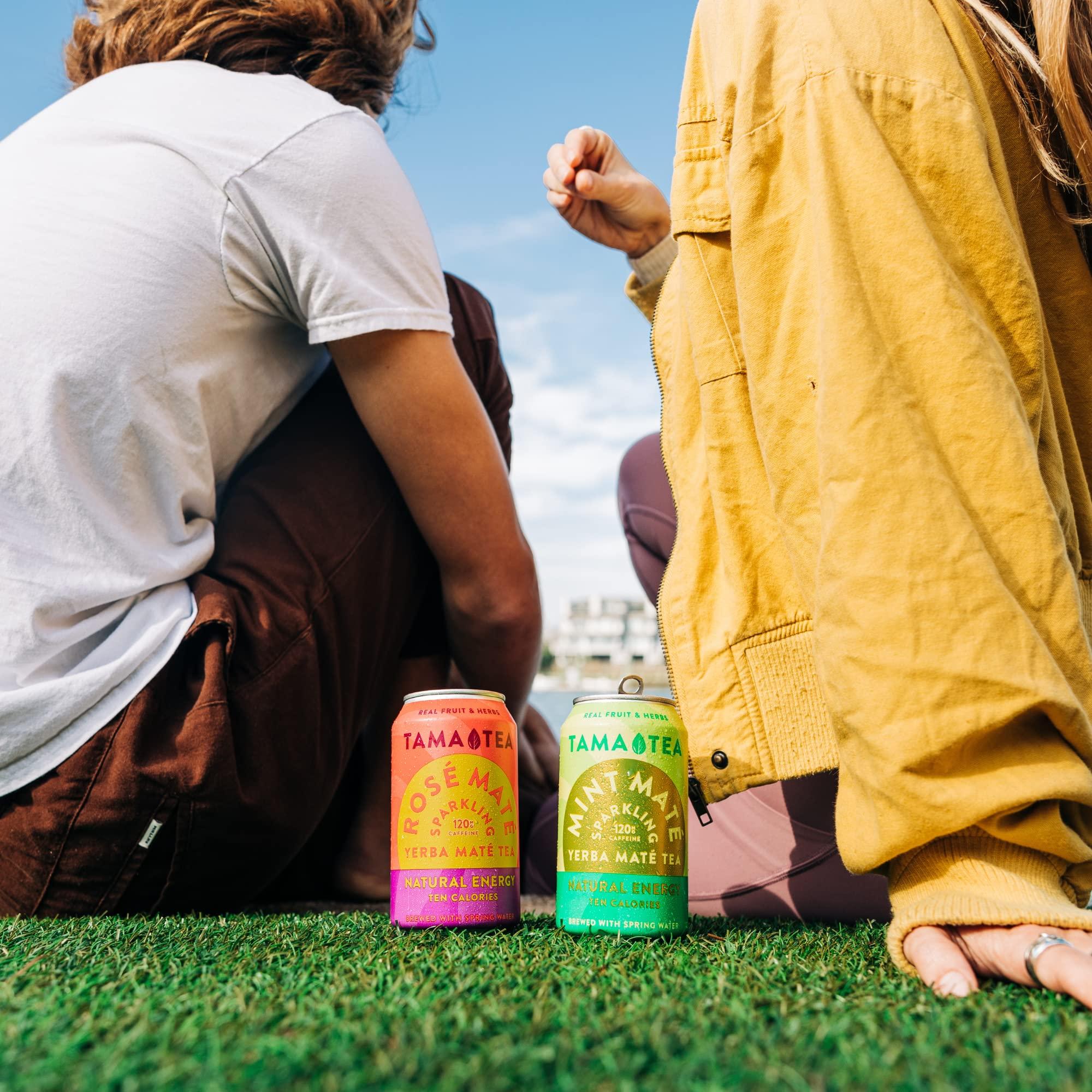 Tama Tea Sparkling Yerba Mate Variety Pack by Tama Tea - Unsweetened Natural Energy Drink with Real Fruit & Herbs - Healthy Caffeine Drink Alternative - 120mg of Caffeine, 10 Calories - 12oz Pack of 12