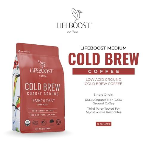 LIFEBOOST Lifeboost Dark Cold Brew Coffee - Low Acid Coarse Ground Coffee for Cold Brew - Single Origin Non-GMO USDA Organic Cold Brew Coffee Grounds - 3rd Party Tested For Mycotoxins & Pesticides - 12 Ounces