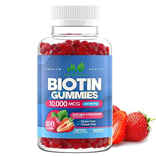 Just Nutrients Biotin 10,000mcg Gummies for Women & Men (100 Count) - 2x Extra Strength Biotin for Hair Growth, Skin & Nails - Gluten-Free, Vegan, Non-GMO, Great Tasting Strawberry Flavor - 100 Gummies