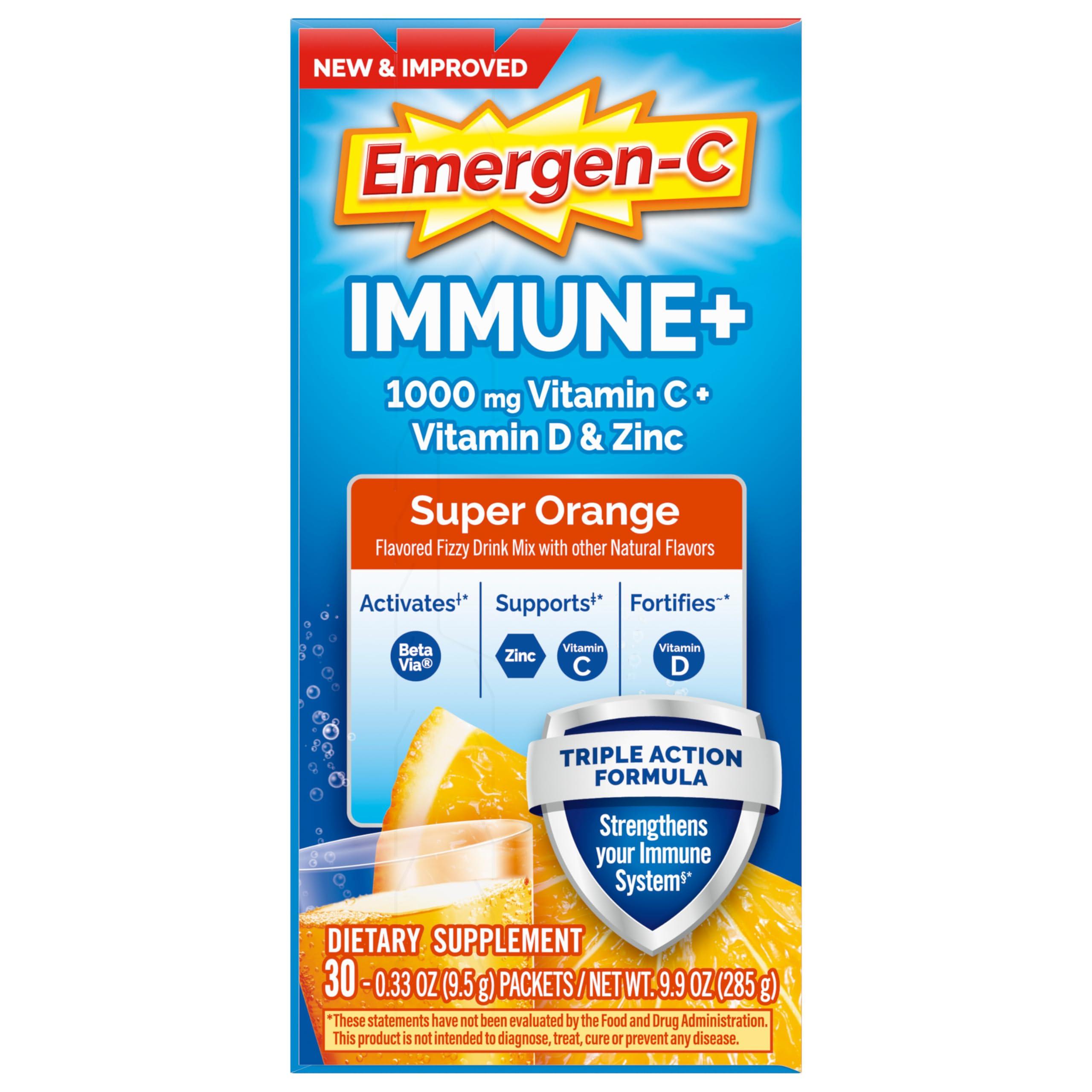 Emergen-C Emergen-C Immune+ Triple Action Immune Support Powder, BetaVia (R), 1000mg Vitamin C, B Vitamins, Vitamin D and Antioxidants, Super Orange 30 Count (Pack of 1)
