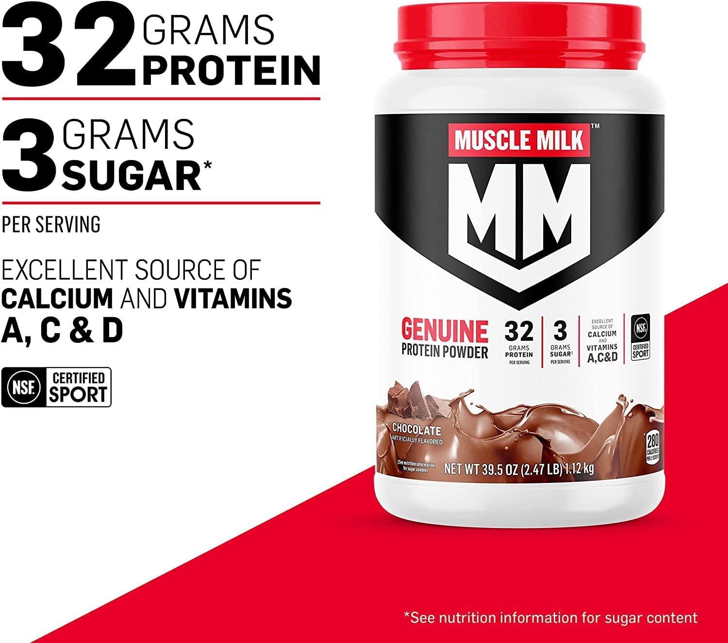 Muscle Milk Muscle Milk Genuine Protein Powder, Natural Chocolate, 2.47 Pound, 16 Servings, 32g Protein, 2g Sugar, Calcium, Vitamins A, C & D, NSF Certified for Sport, Energizing Snack, Packaging May Vary