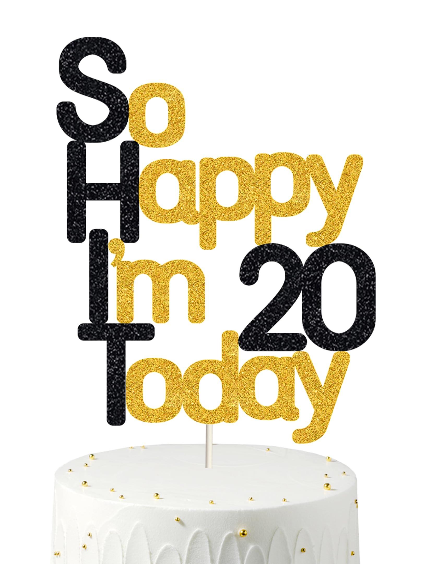 veegood So Happy I\'m 20 Today!20 Birthday Cake Toppers-Black Glitter, Funny 20th Cake Topper for Men,Twenty Cake Topper For Women, 20th birthday decorations