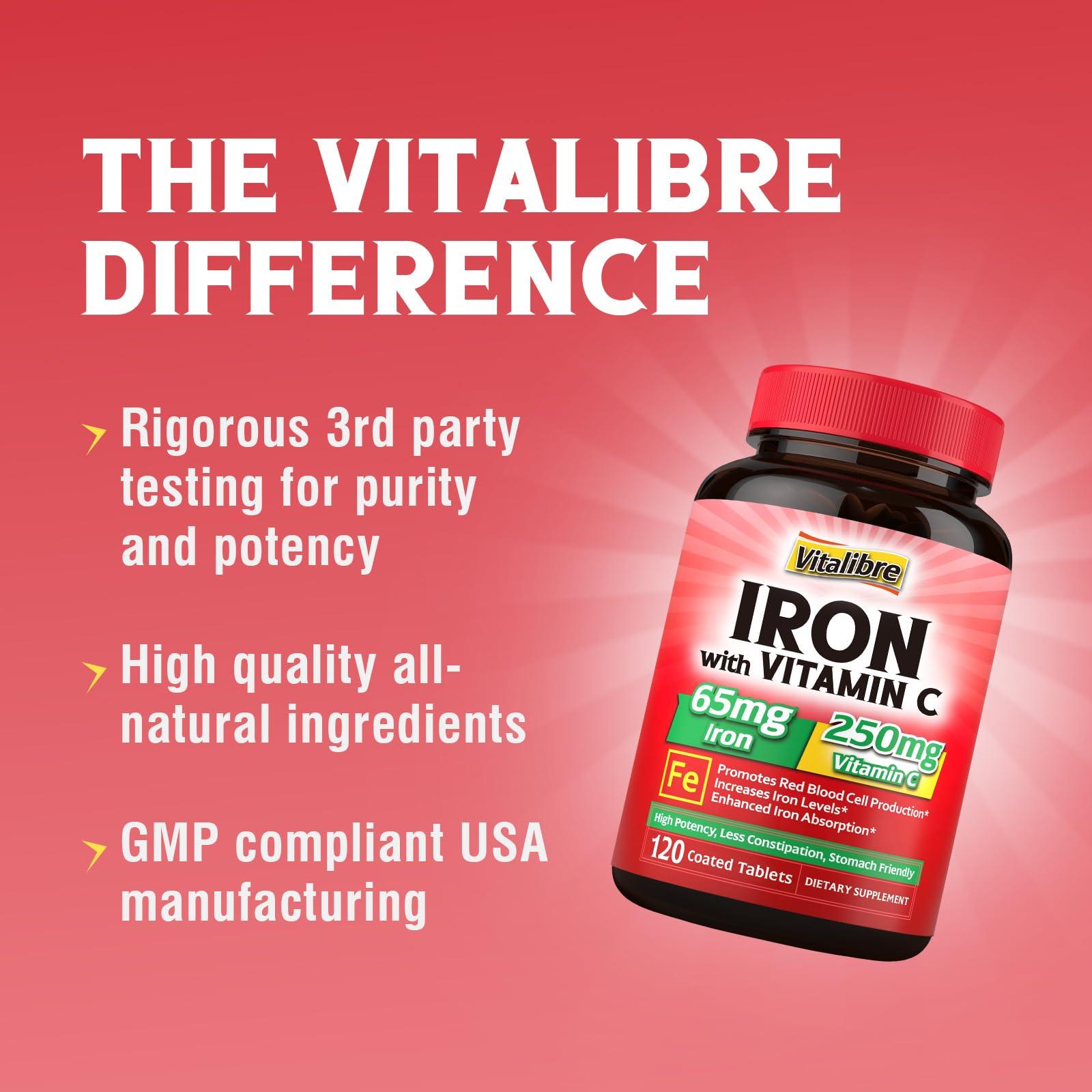 Vitalibre Iron Supplement 65mg with Vitamin C, Stomach Friendly Carbonyl Iron, High Potency & Absorption, for Healthy Iron & Energy Levels, Supports Red Blood Cell Production, 120 Tablets