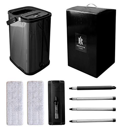Rhodium Floors Black Flat Floor Mop and Bucket Set, Stainless Steel Bucket and Telescopic Handle, 2 Washable Mop Pads, Professional Home and Office Cleaner for All Types of Floors, Hardwood, Laminate, Tile