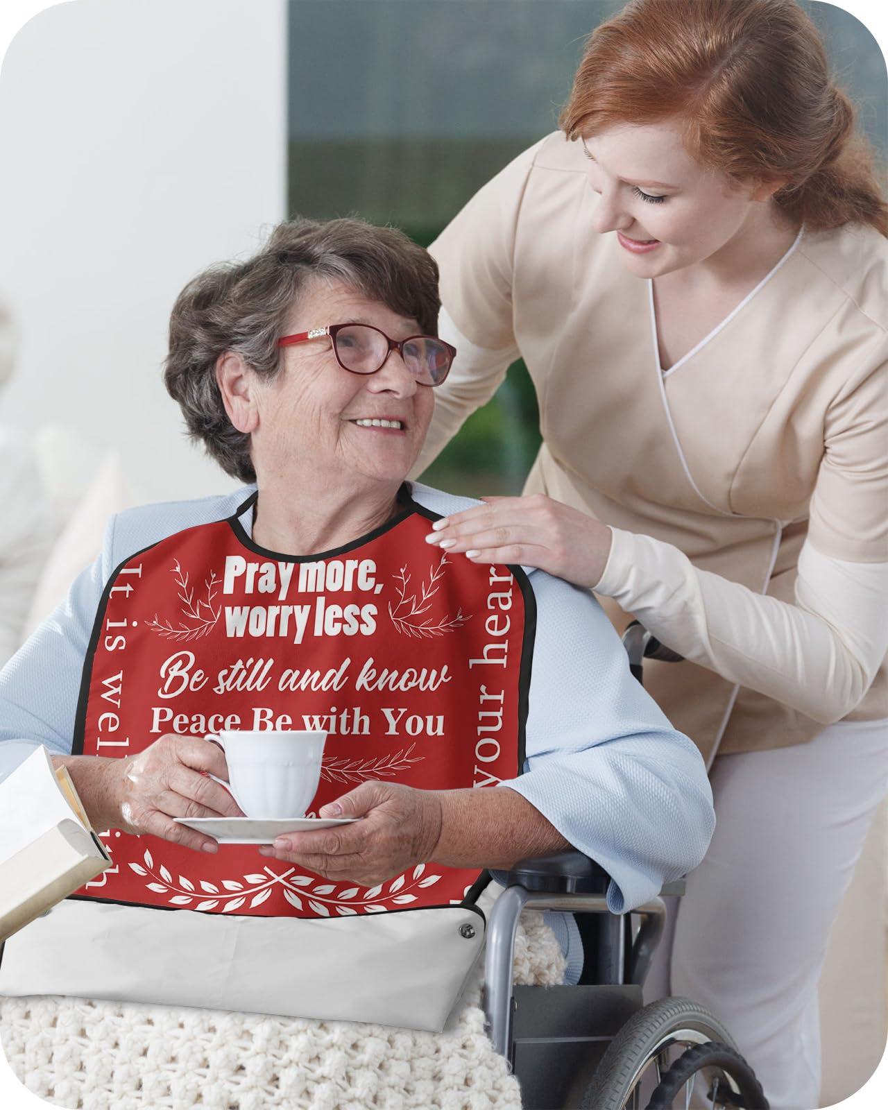 QueenKer Adult Bibs for Eating, Pray More, Worry Less Touching Quotes Red Background Waterproof Clothing Protector Washable Adult Bib with Crumb Catcher for Elderly Men and Women Seniors