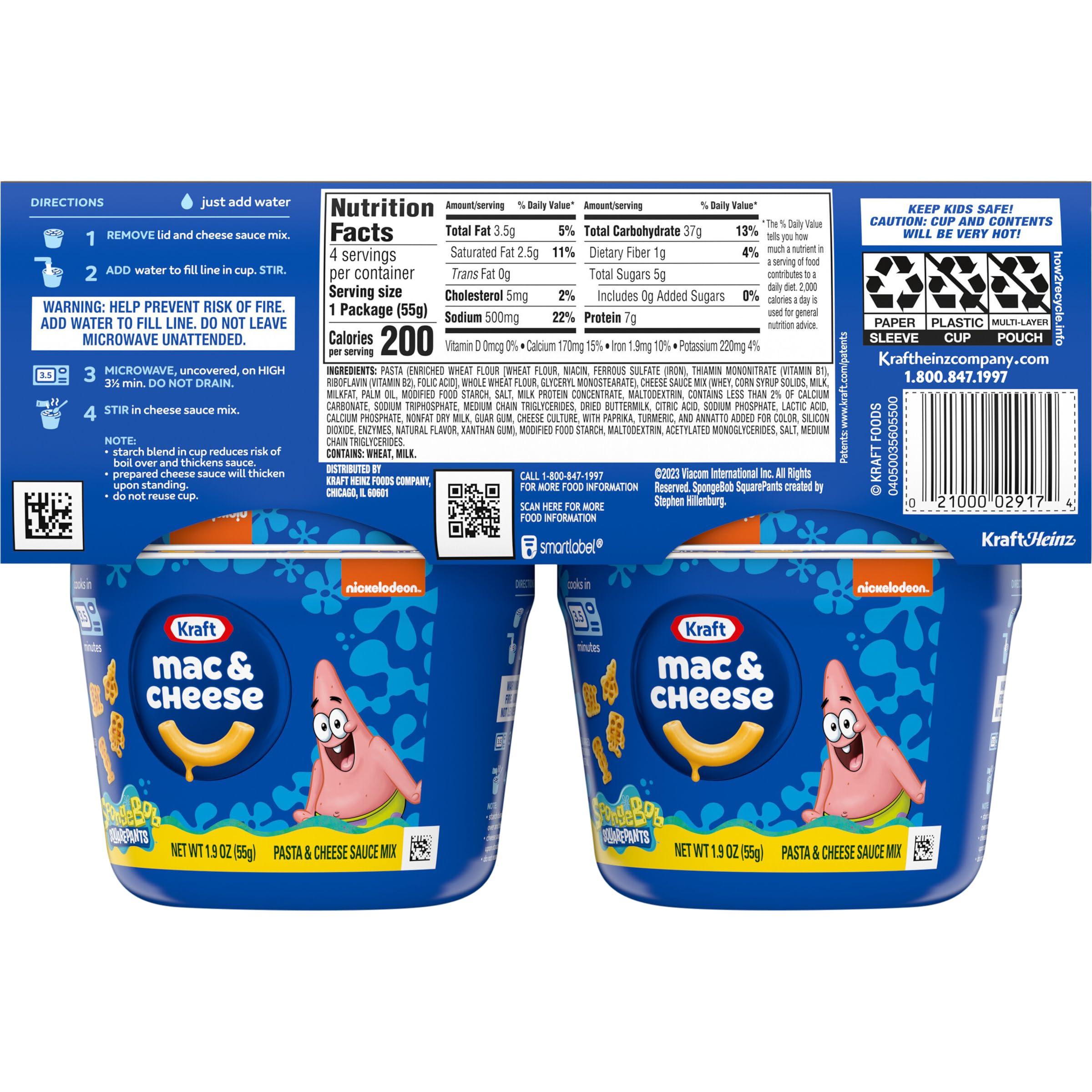Kraft Mac & Cheese Kraft Mac & Cheese Cups Macaroni and Cheese Microwavable Dinner SpongeBob SquarePants, 4 ct Pack, 1.9 oz Cups (Pack of 2)