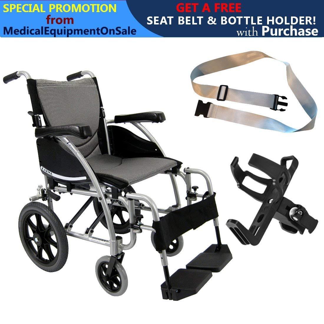 Karman Healthcare Karman S-Ergo 115 18" X 17" seat Ergonomic Transport Wheelchair with Wire Break and Swing Away Footrest in Silver and Free Silver Wheelchair Seatbelt & Black Bottle Holder!